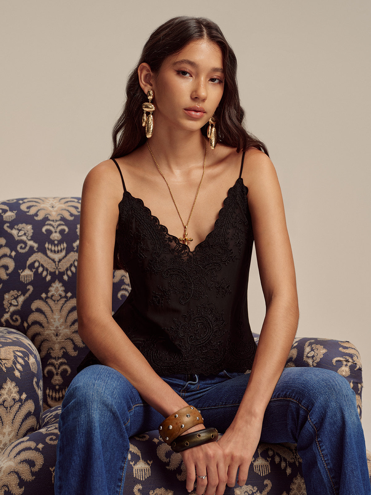 Semi-Sheer Embroidered Floral Chiffon Cami Top for Women Summer Wear