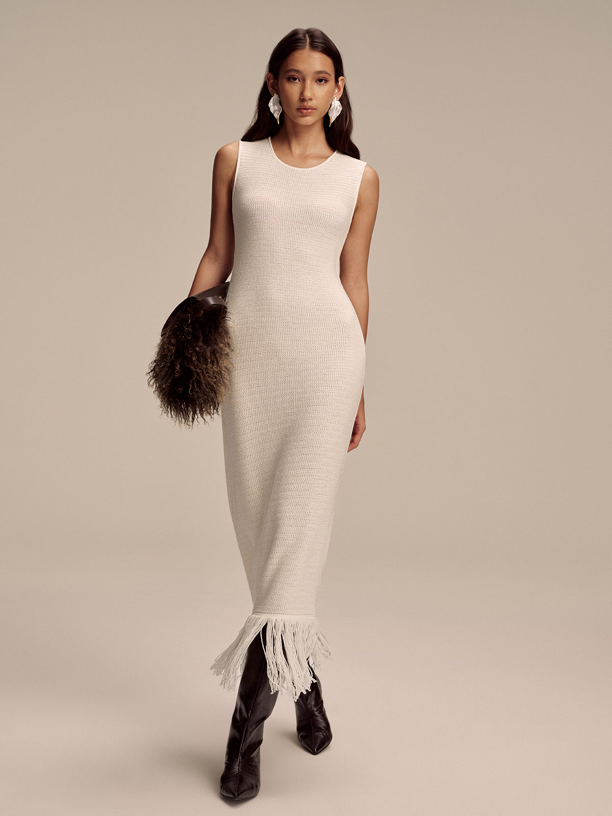 Fringe Hem Sleeveless Knit Maxi Dress with Side Slits and Tie Waist