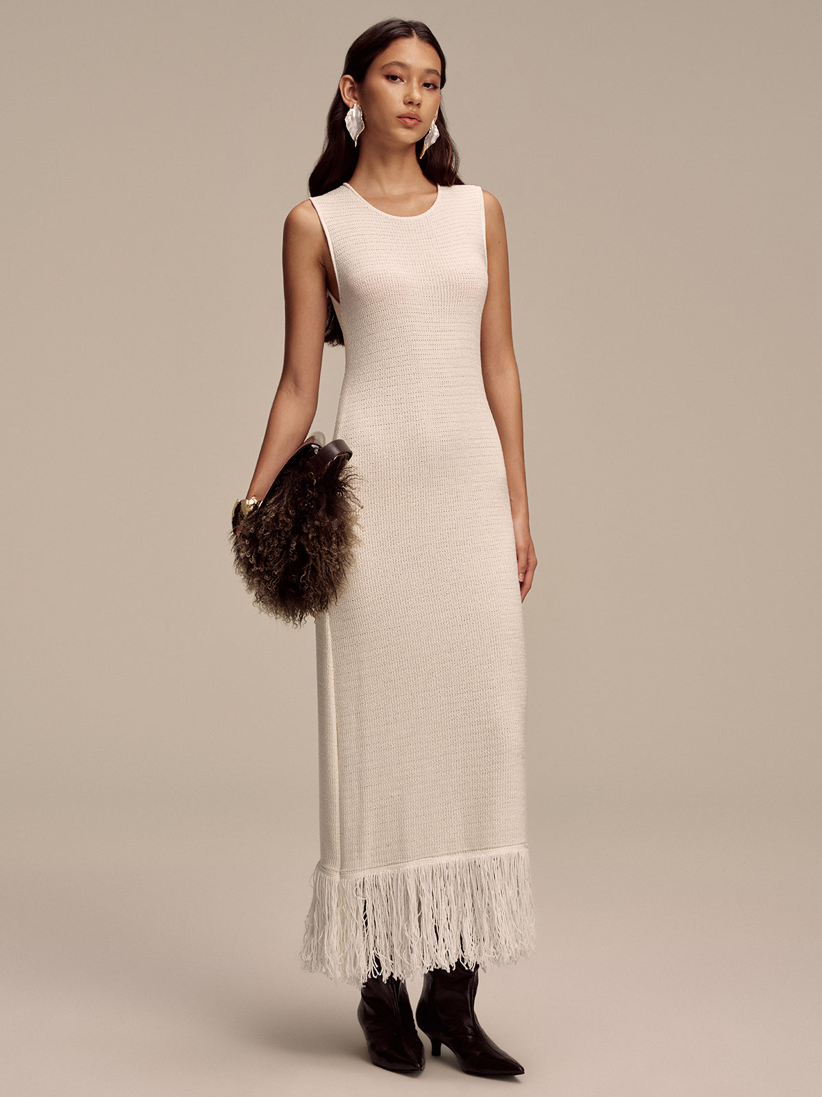 Fringe Hem Sleeveless Knit Maxi Dress with Side Slits and Tie Waist