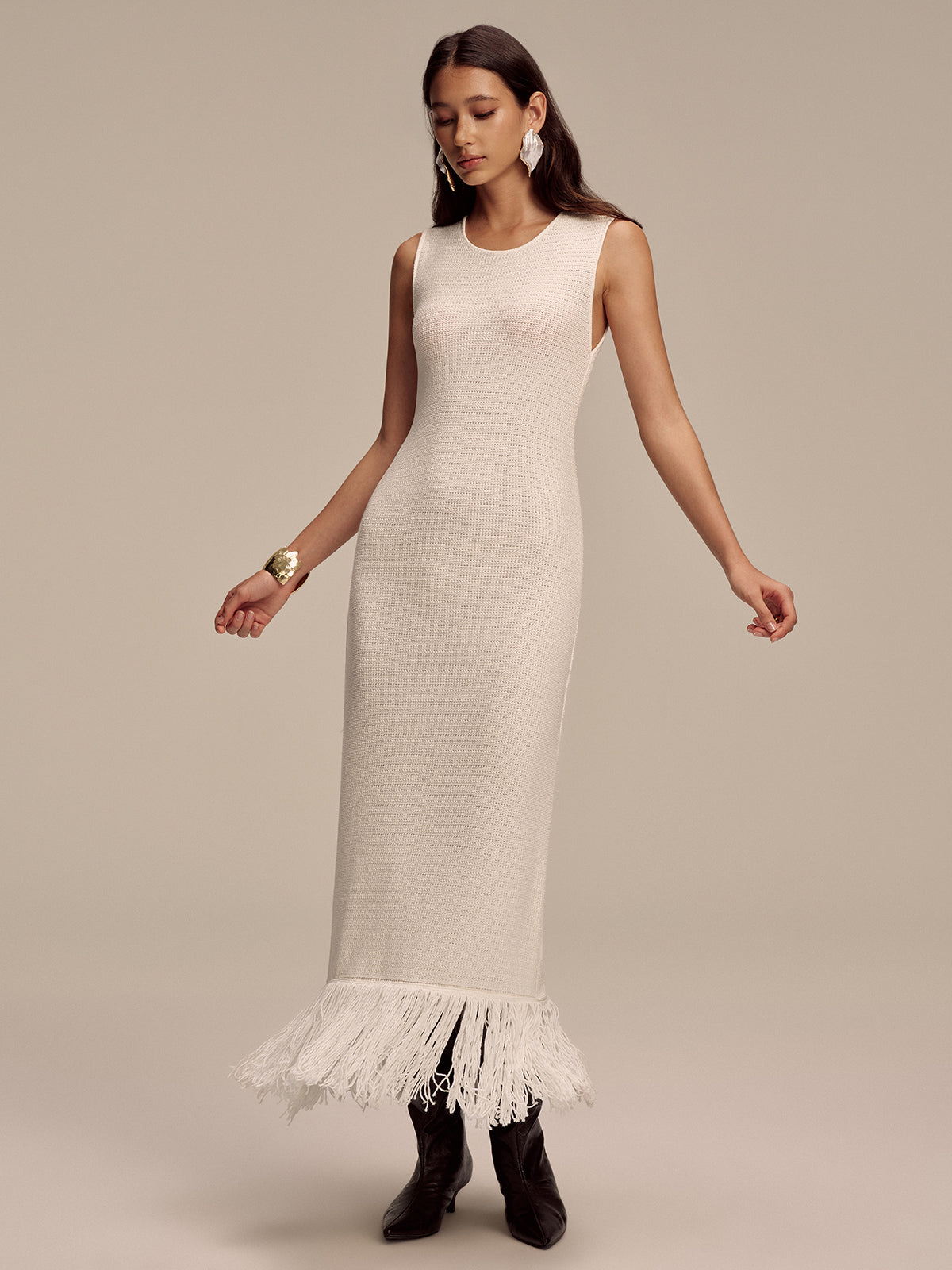 Fringe Hem Sleeveless Knit Maxi Dress with Side Slits and Tie Waist