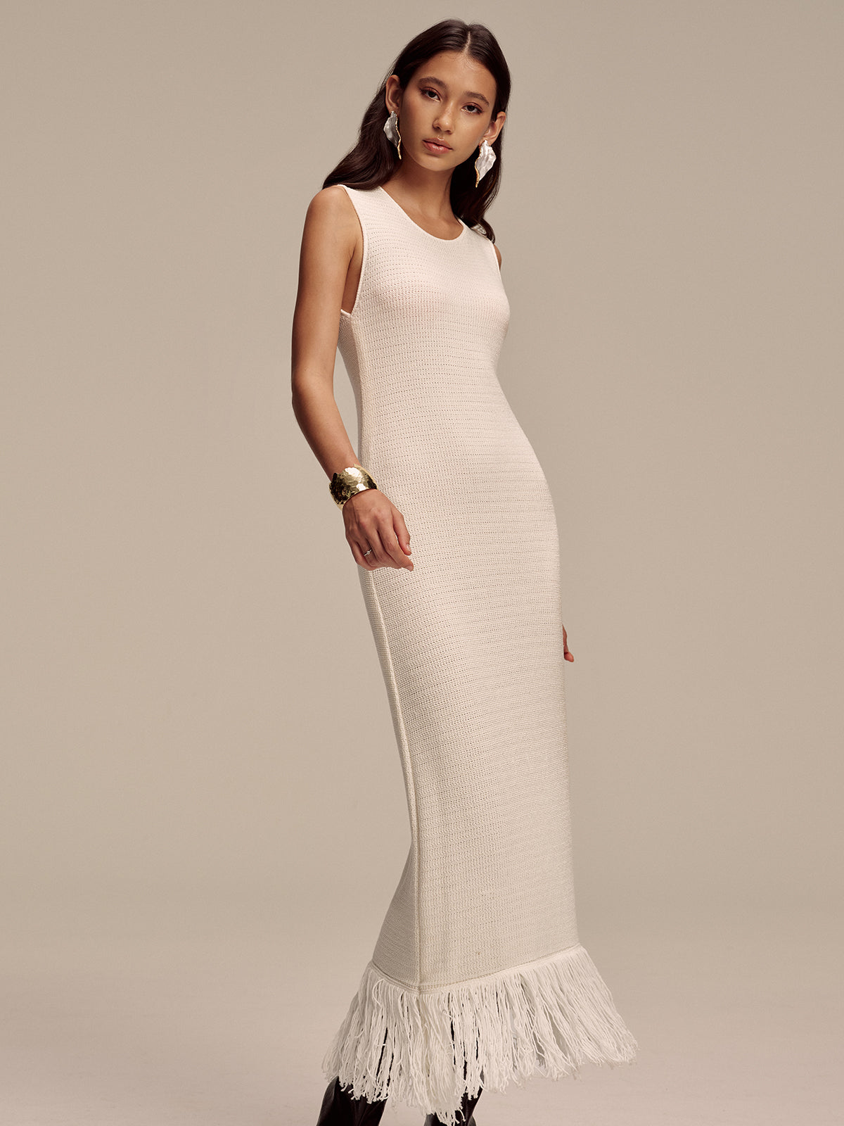 Fringe Hem Sleeveless Knit Maxi Dress with Side Slits and Tie Waist