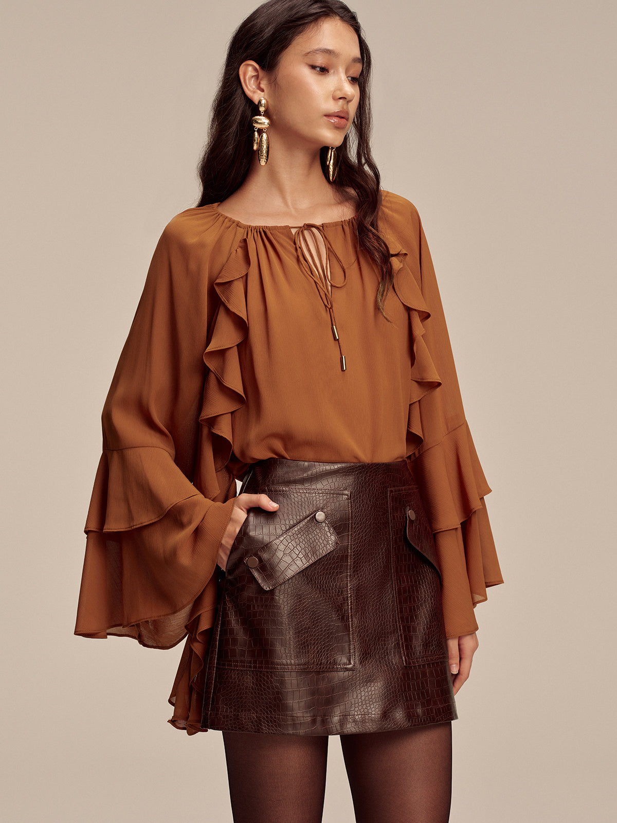 Faux Leather Crocodile-Embossed Mini Skirt High Waist Trendy Style