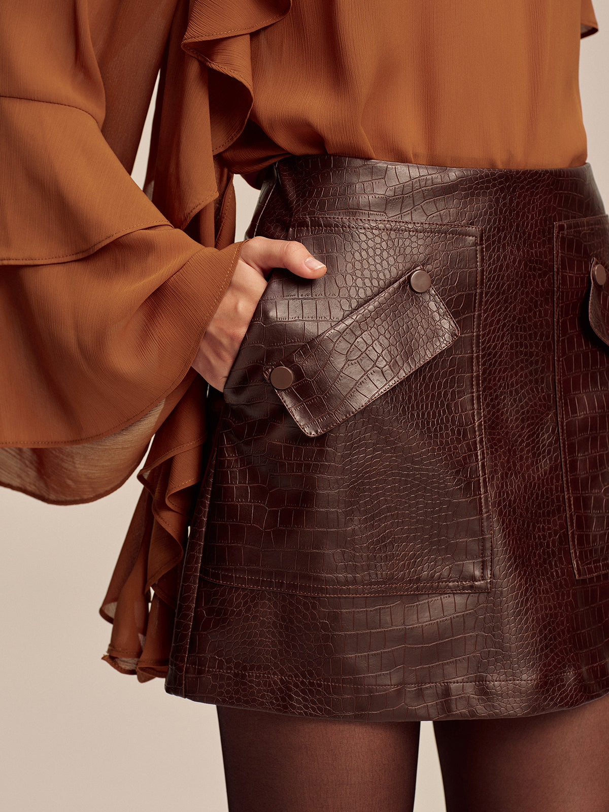 Faux Leather Crocodile-Embossed Mini Skirt High Waist Trendy Style