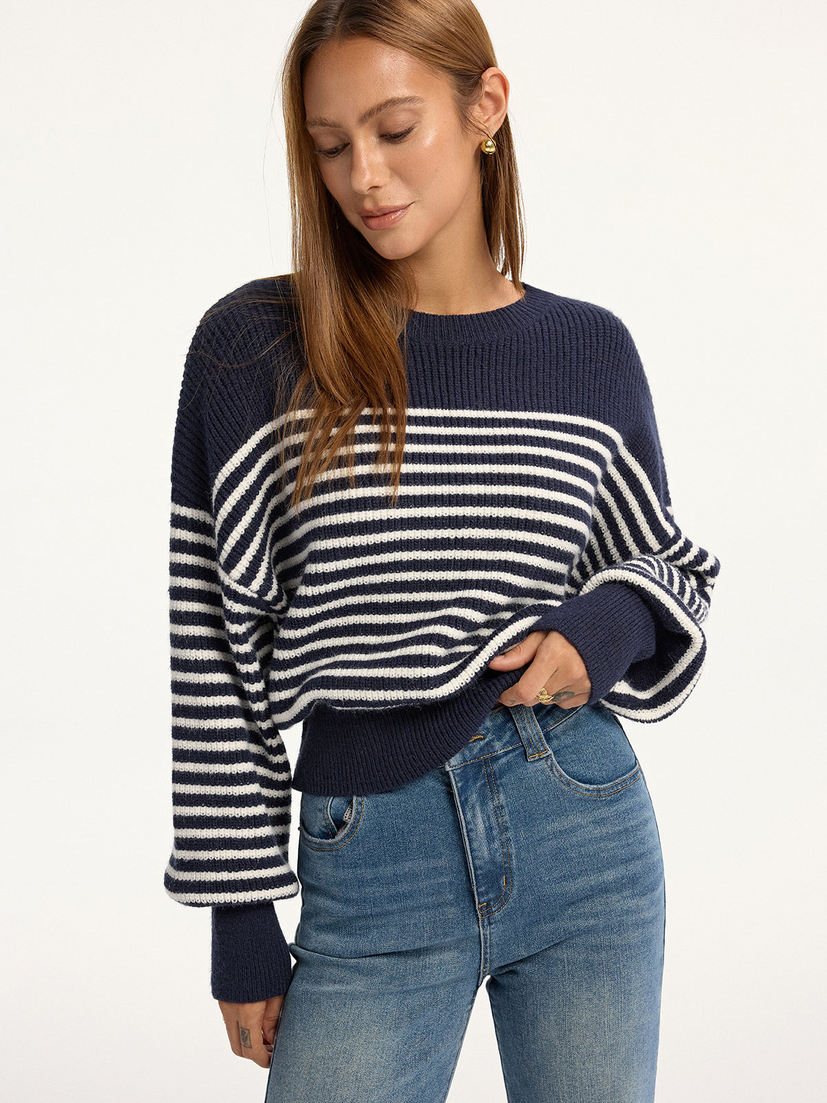 Stripped Ribbed Sweater Comfy Casual Fit Pullover