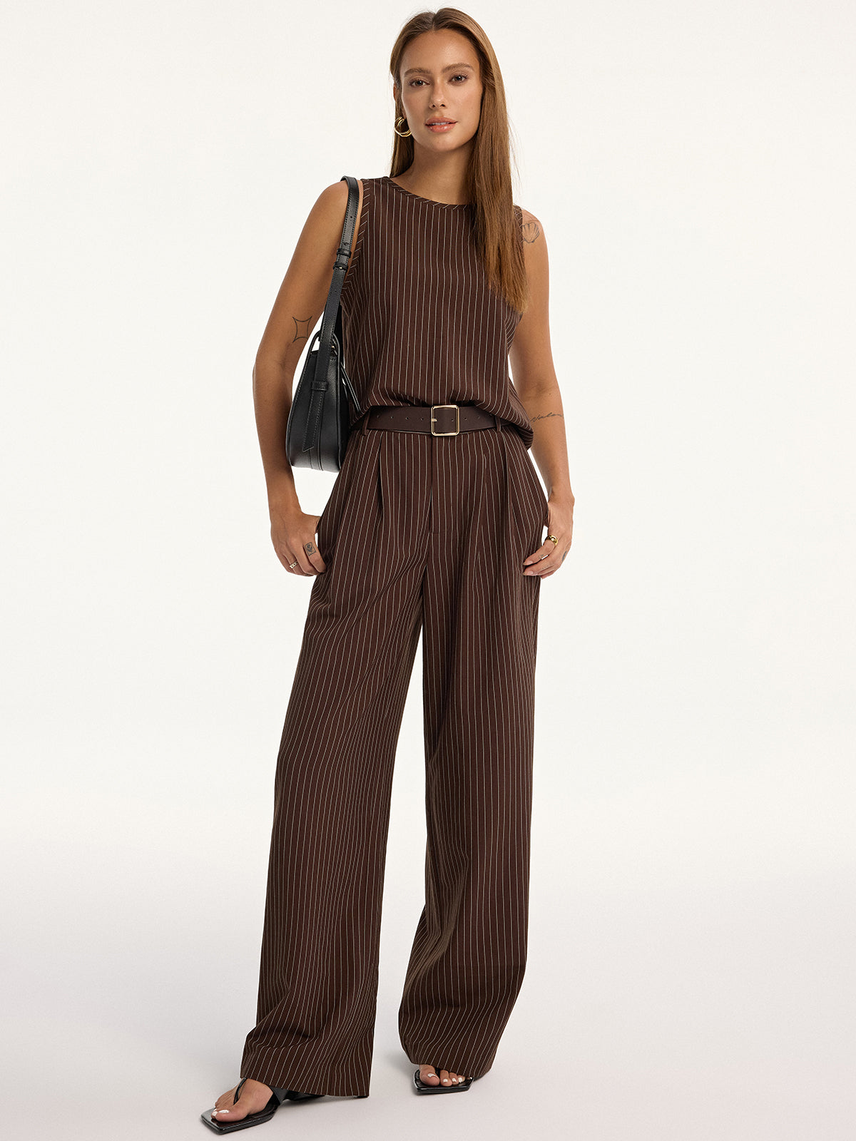 Pinstripe Sleeveless Top and Pants Set with Belt, Elegant Office Women's Outfit