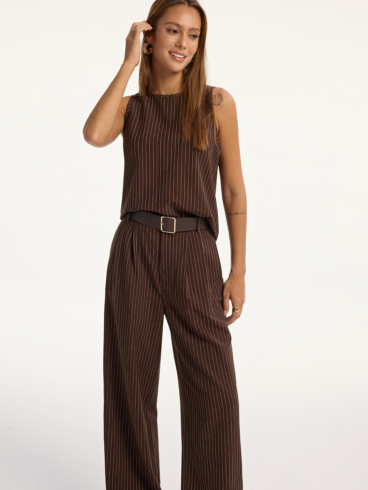 Pinstripe Sleeveless Top and Pants Set with Belt, Elegant Office Women's Outfit