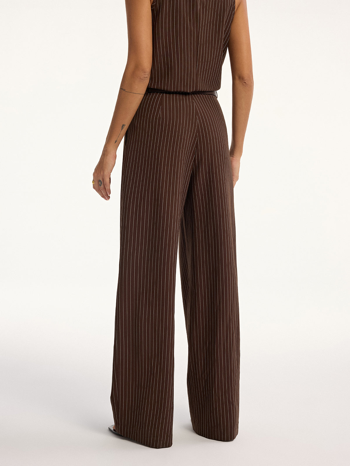 Pinstripe Sleeveless Top and Pants Set with Belt, Elegant Office Women's Outfit