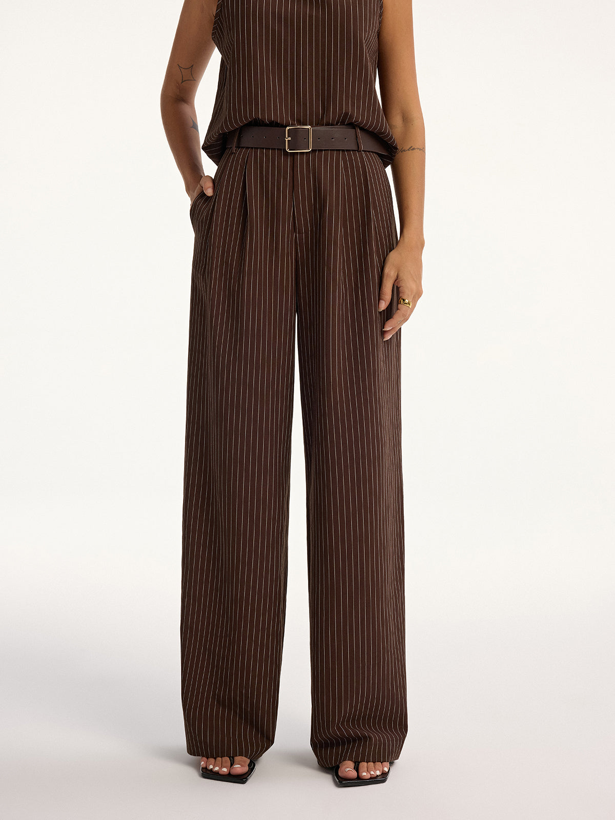 Pinstripe Sleeveless Top and Pants Set with Belt, Elegant Office Women's Outfit