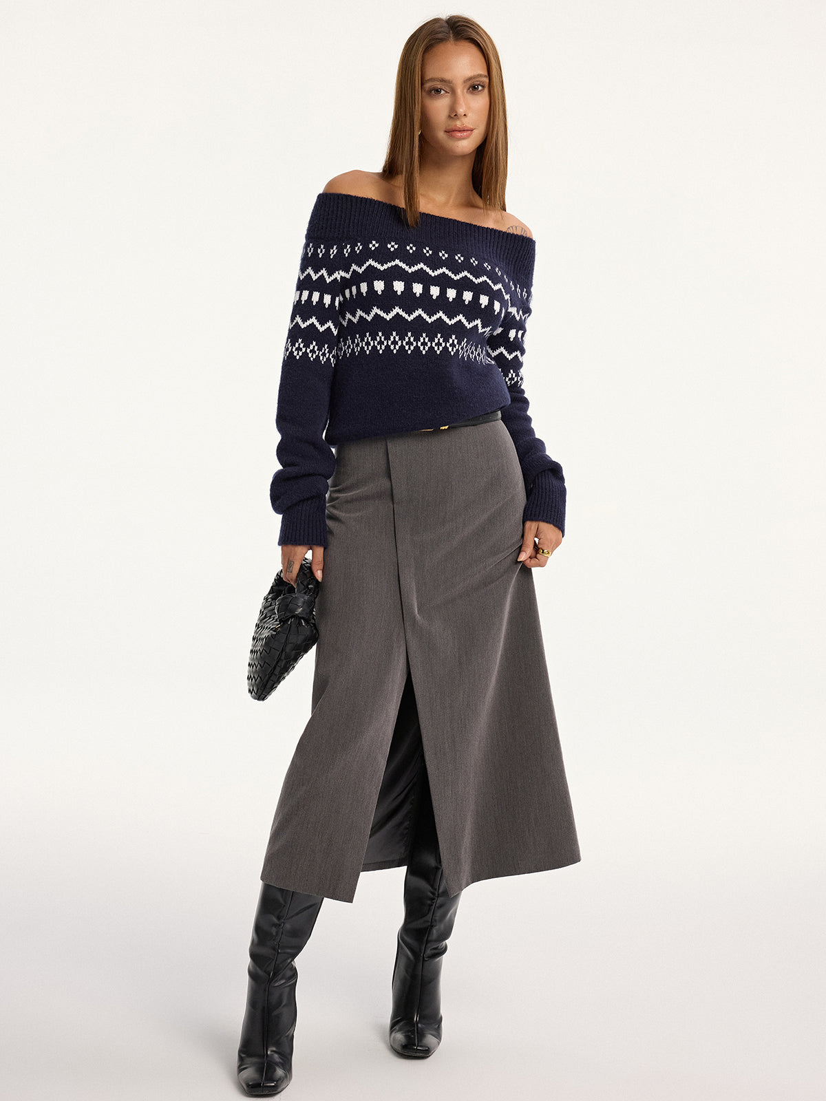 Off-Shoulder Fair Isle Knit Sweater for Winter Coziness