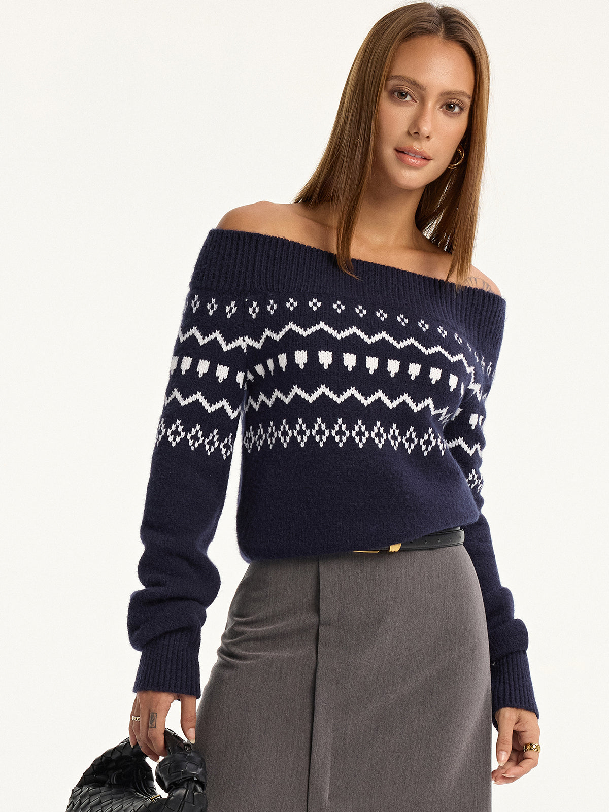 Off-Shoulder Fair Isle Knit Sweater for Winter Coziness