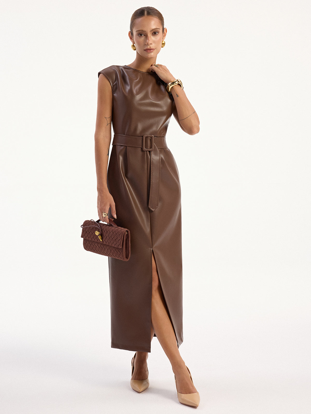 PU Leather Sleeveless Belted Midi Dress for Women, Trendy Fashion Style