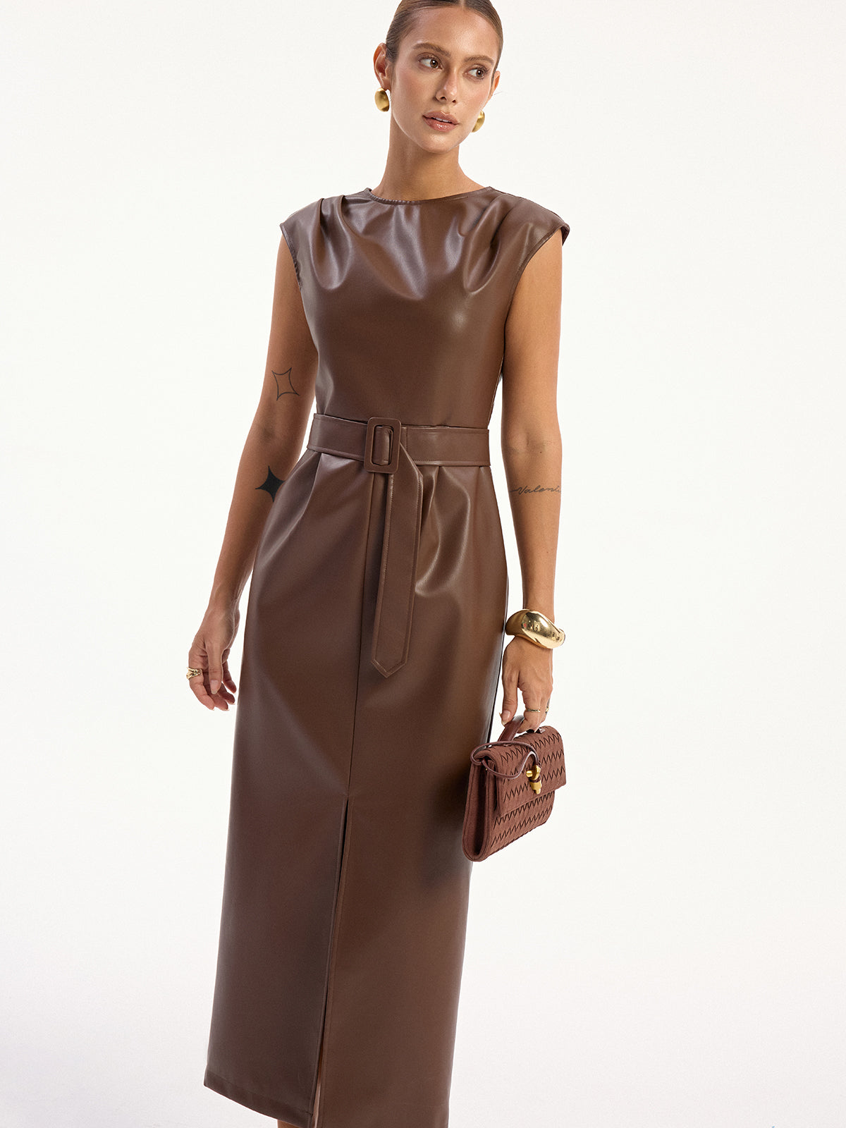 PU Leather Sleeveless Belted Midi Dress for Women, Trendy Fashion Style