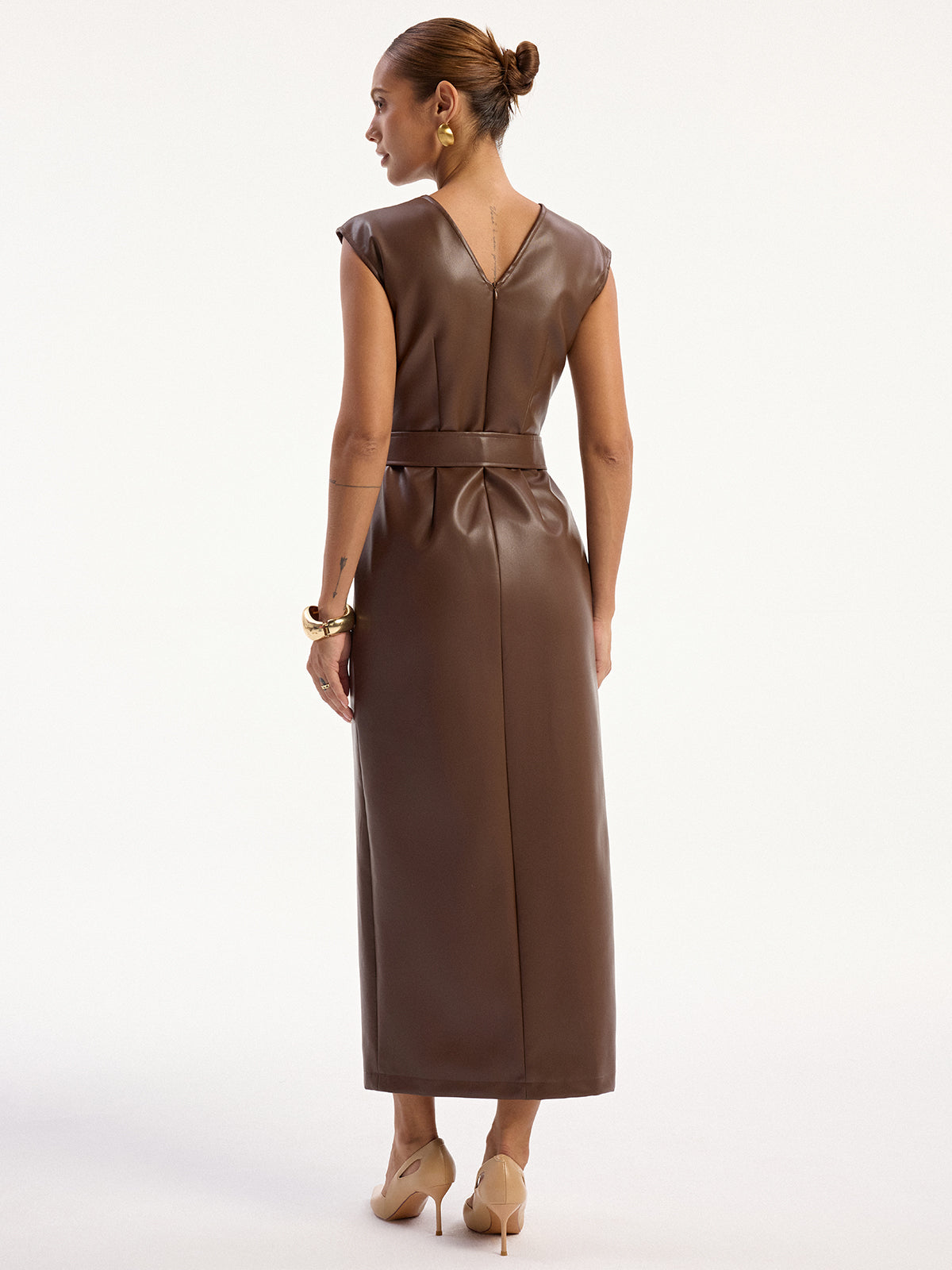 PU Leather Sleeveless Belted Midi Dress for Women, Trendy Fashion Style