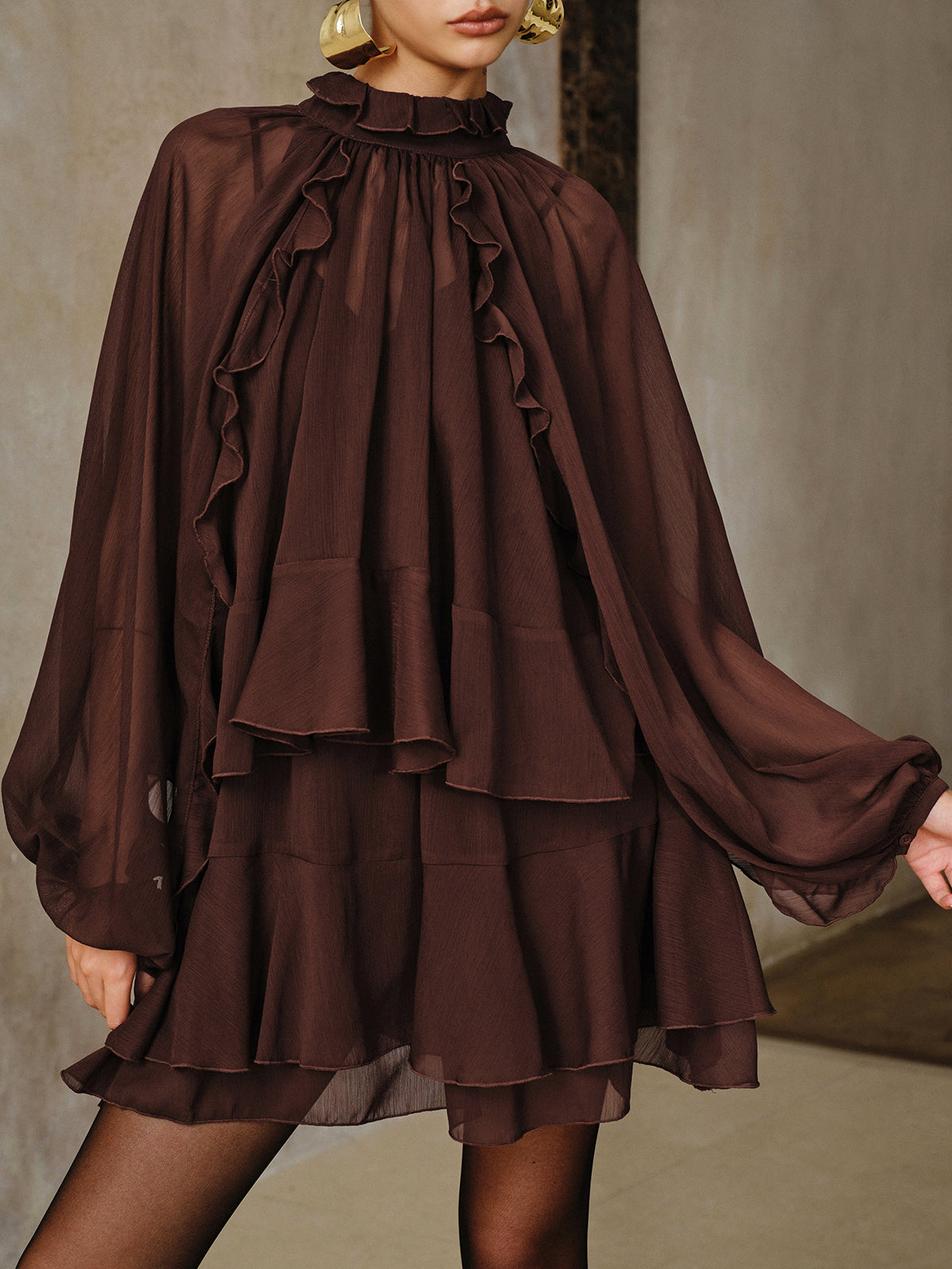 Tiered Ruffle Chiffon Mini Dress Set with Liner Women's Lightweight Fashionable
