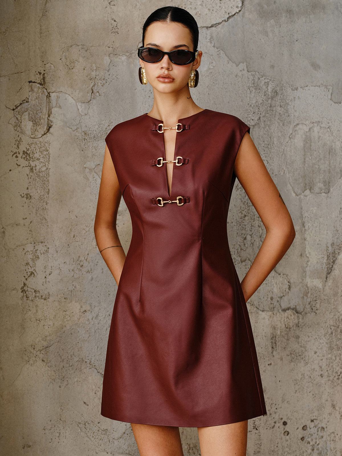PU Leather Metal Buckle Sleeveless Mini Dress with Adjustable Straps