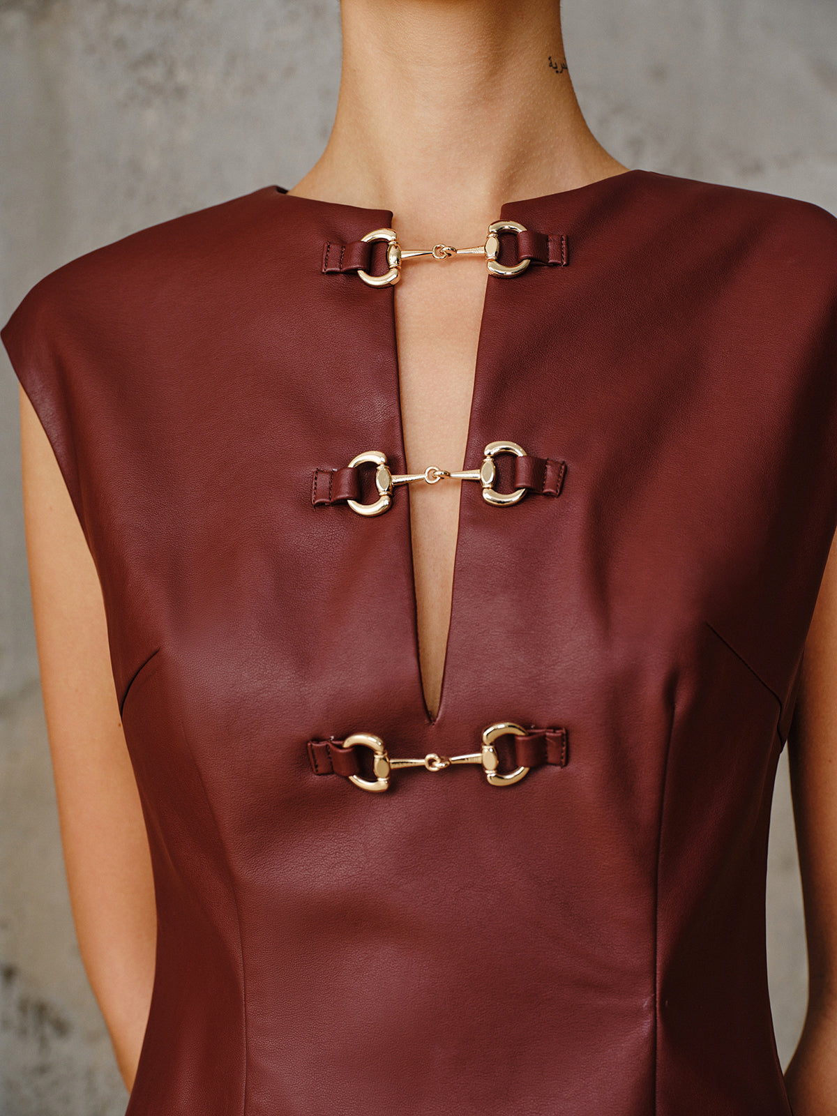PU Leather Metal Buckle Sleeveless Mini Dress with Adjustable Straps