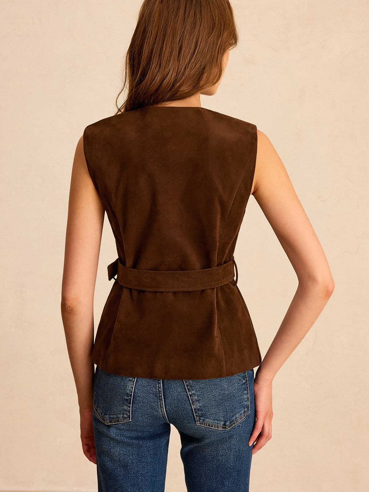 Suede Effect Vest with Belt Fashionable LightWeight Outerwear