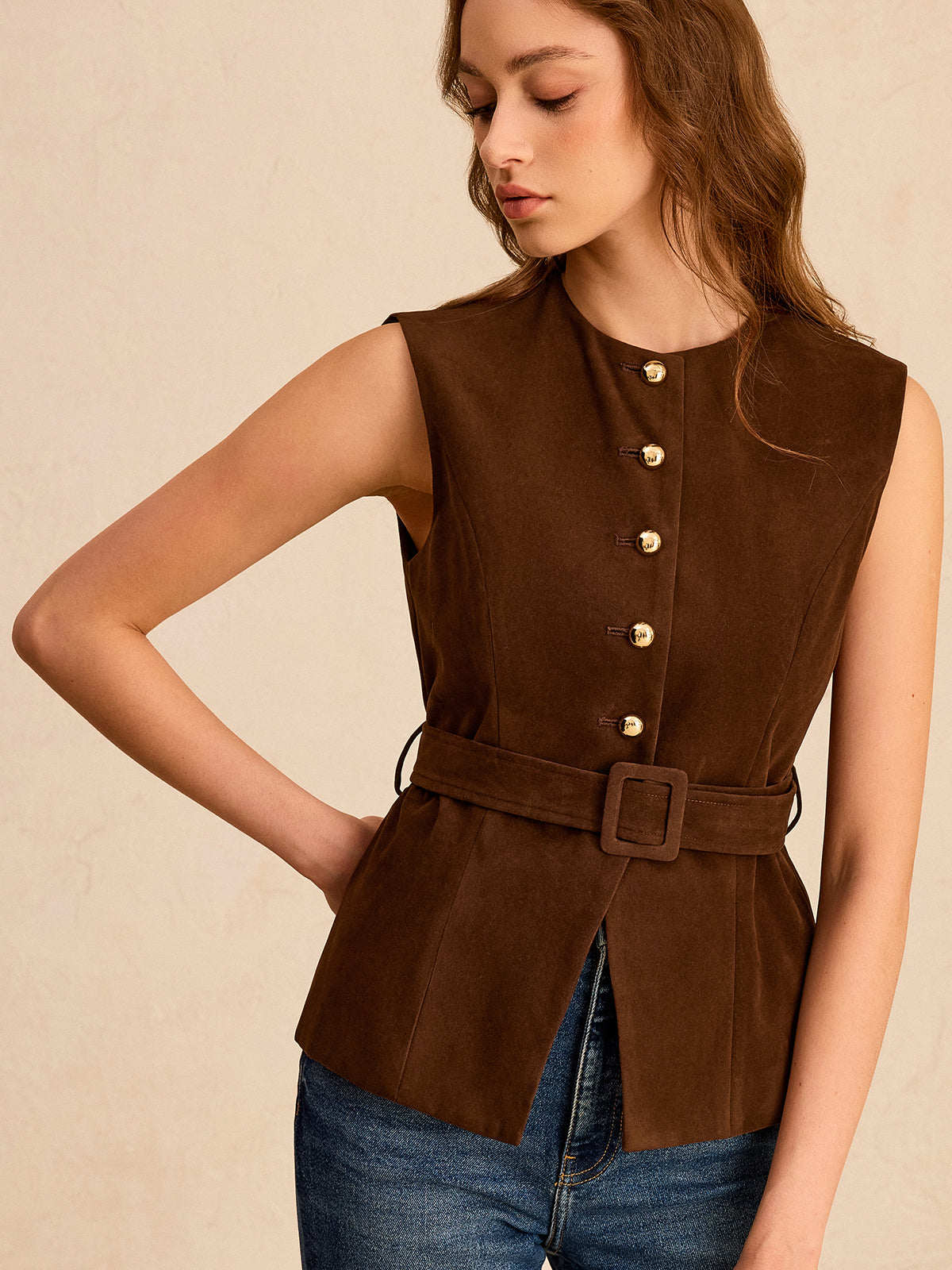 Suede Effect Vest with Belt Fashionable LightWeight Outerwear