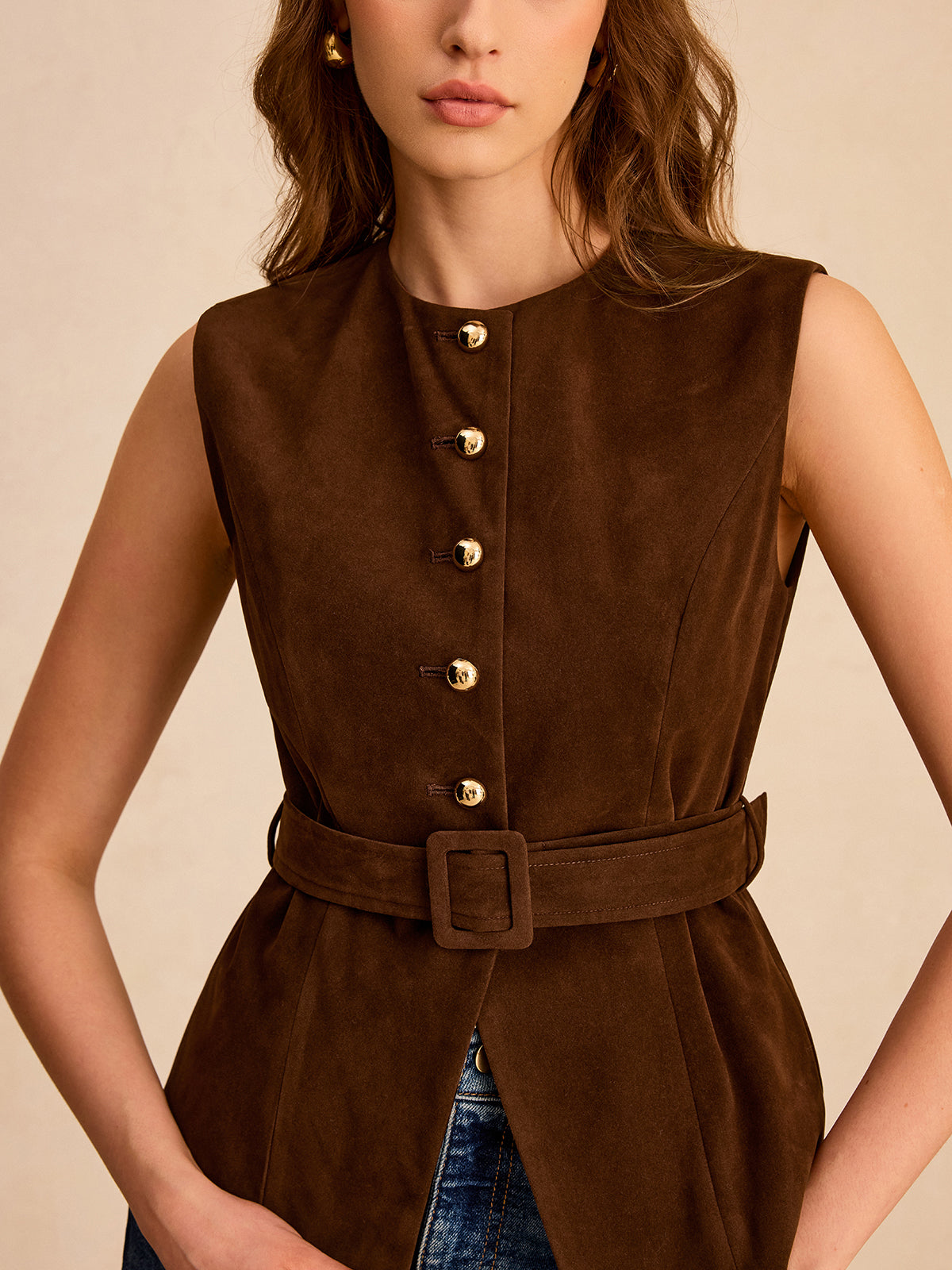 Suede Effect Vest with Belt Fashionable LightWeight Outerwear
