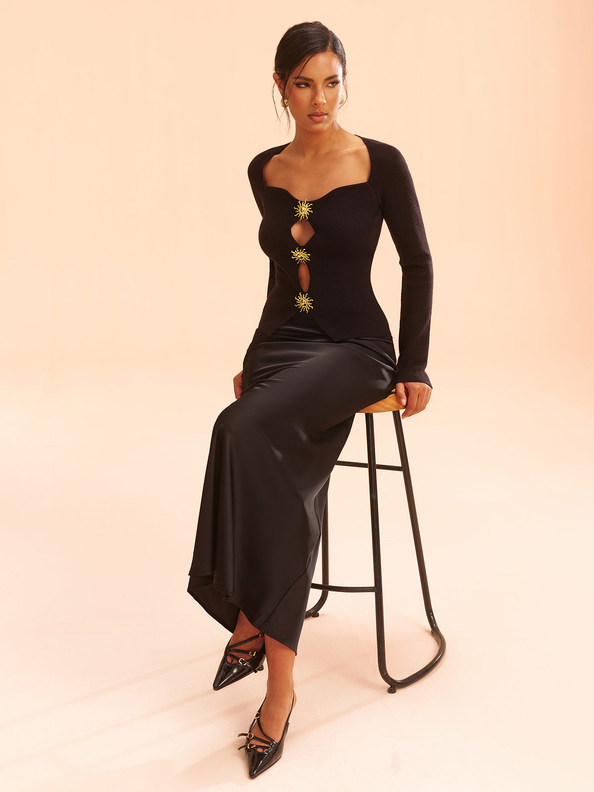 Metal Detail Cut-Out Knit Top Trendy Comfortable Long Sleeve Pullover