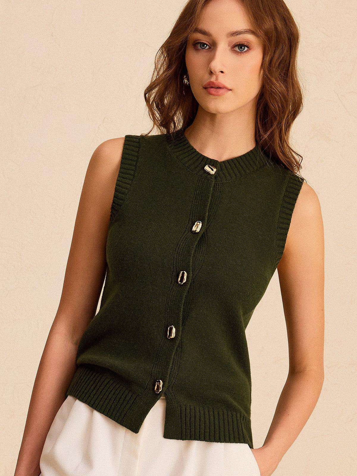 Metal Button Knit Vest: Classic Sleeveless Sweater for Layering