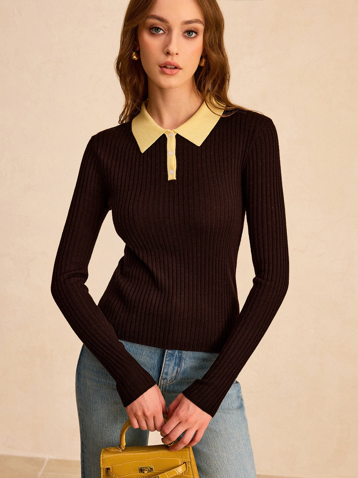 Contrast Collar Wool Blend Polo Knit Top for Stylish Comfort