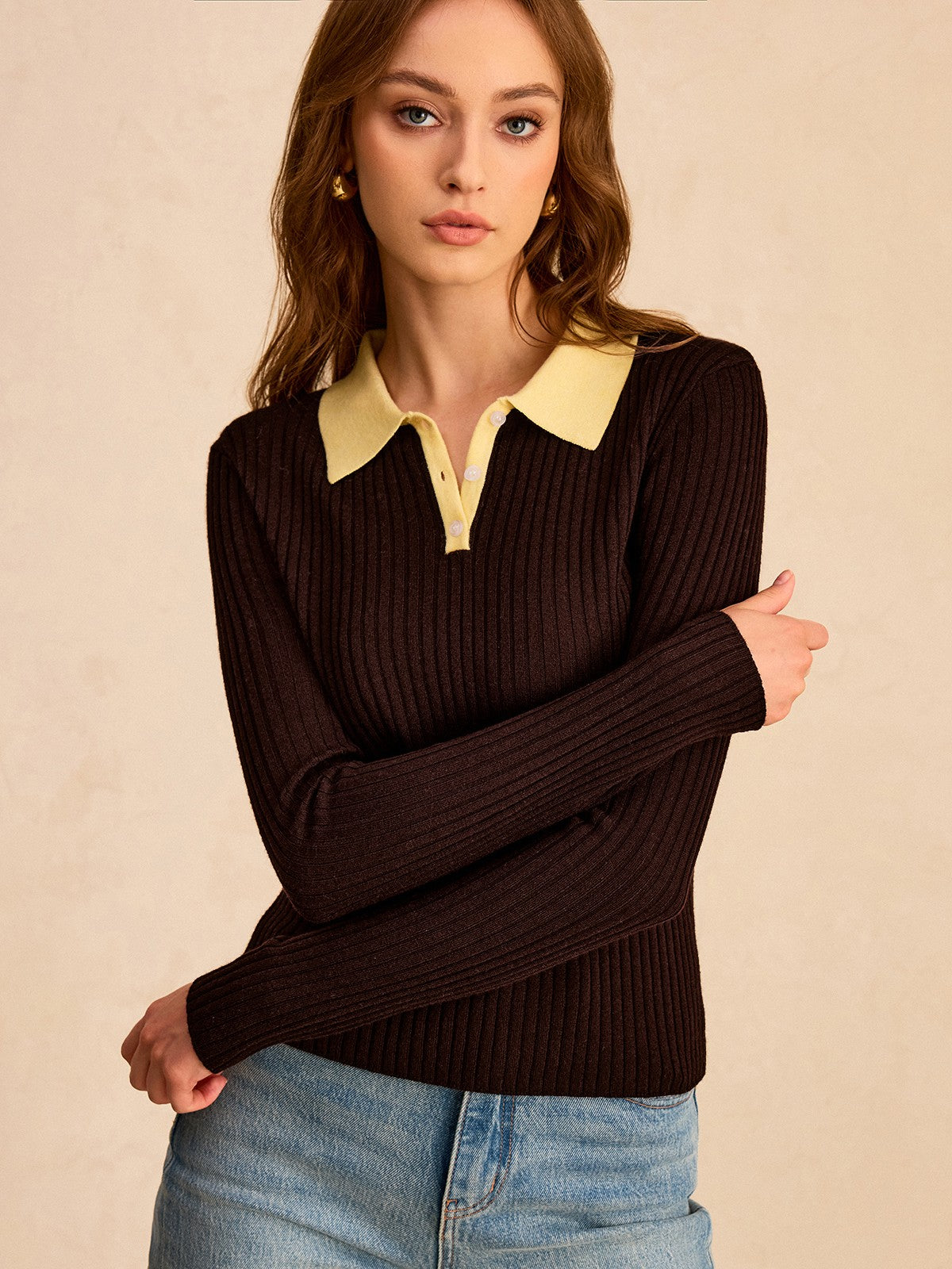Contrast Collar Wool Blend Polo Knit Top for Stylish Comfort