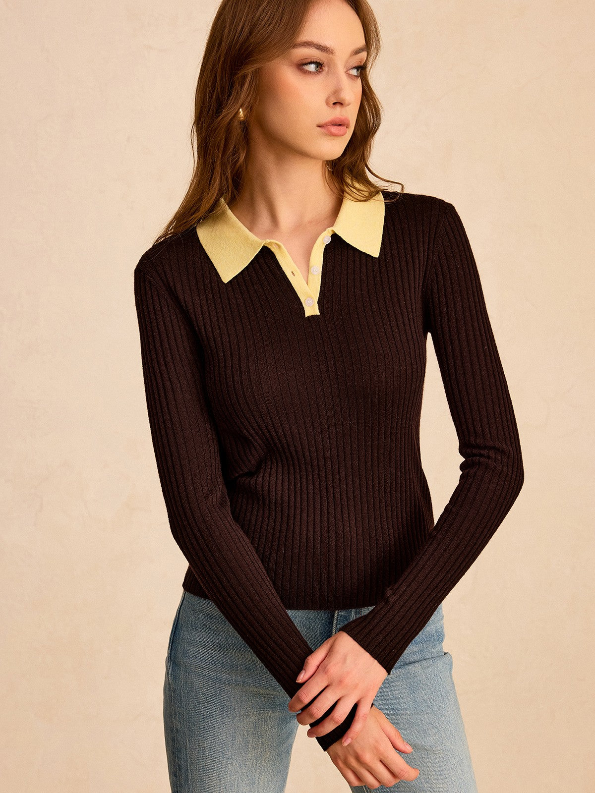 Contrast Collar Wool Blend Polo Knit Top for Stylish Comfort