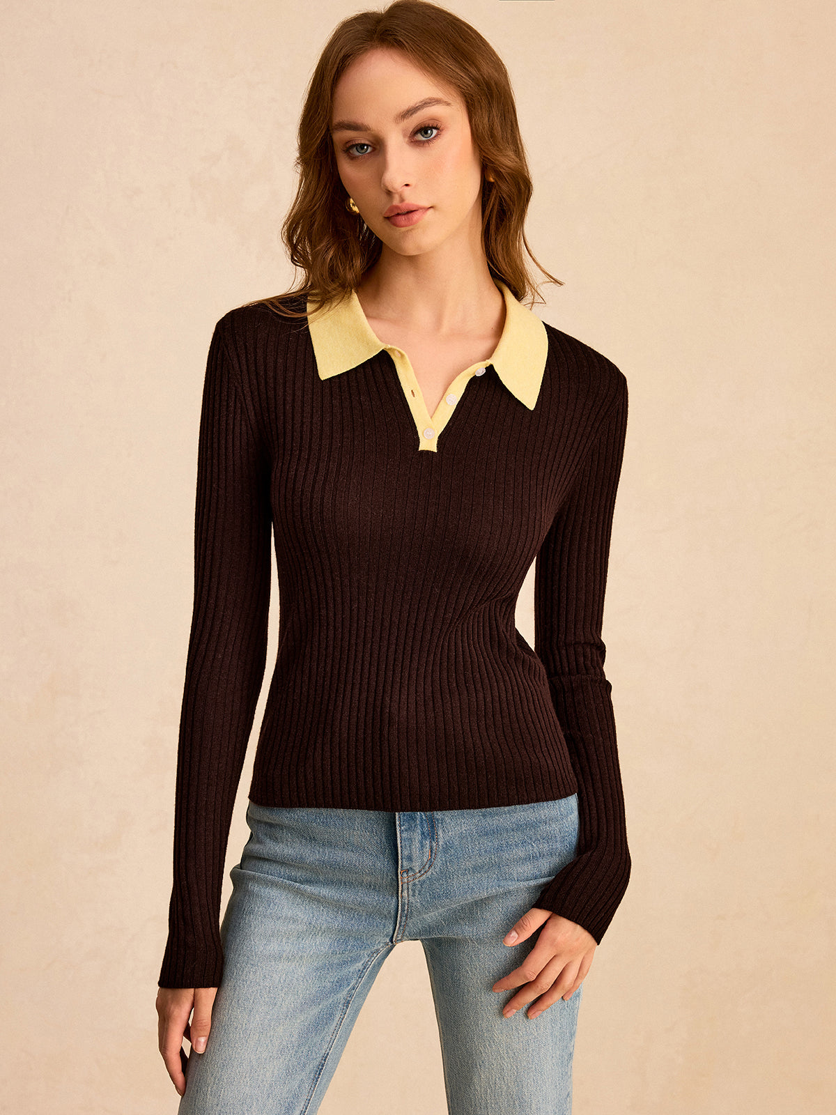 Contrast Collar Wool Blend Polo Knit Top for Stylish Comfort