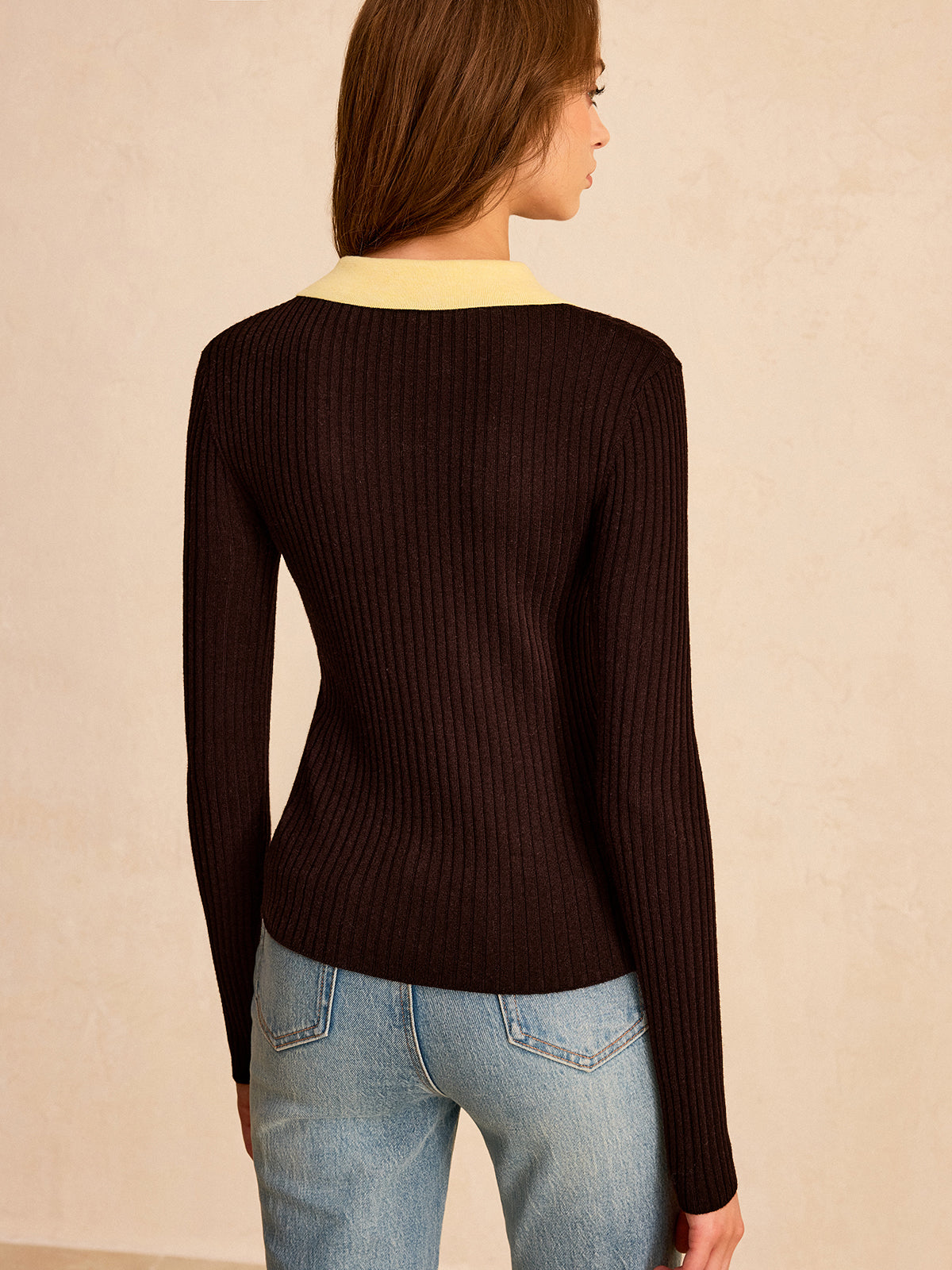 Contrast Collar Wool Blend Polo Knit Top for Stylish Comfort