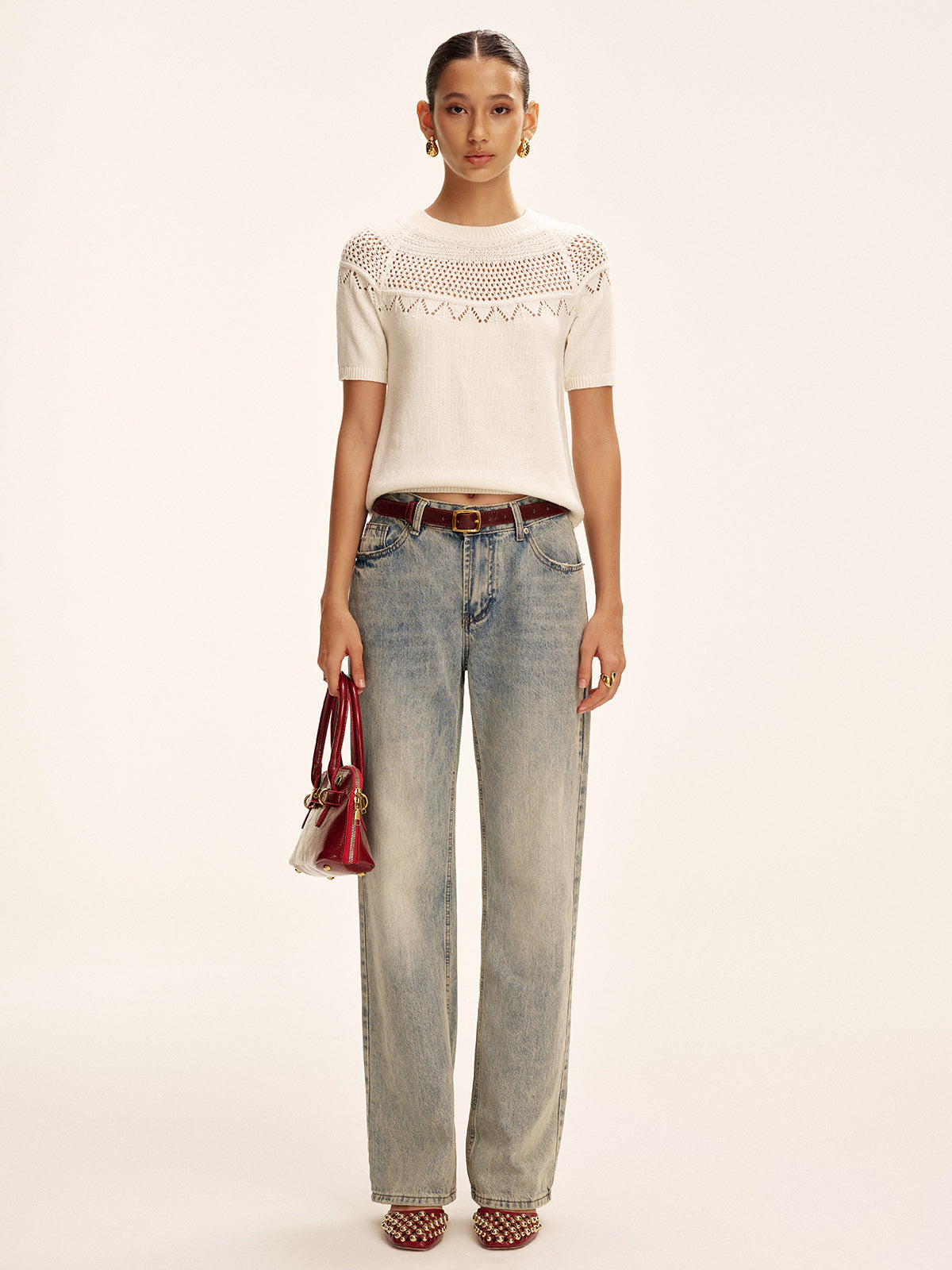 Short-Sleeve Eyelet Knit Sweater for Women Comfort Fit Pullover