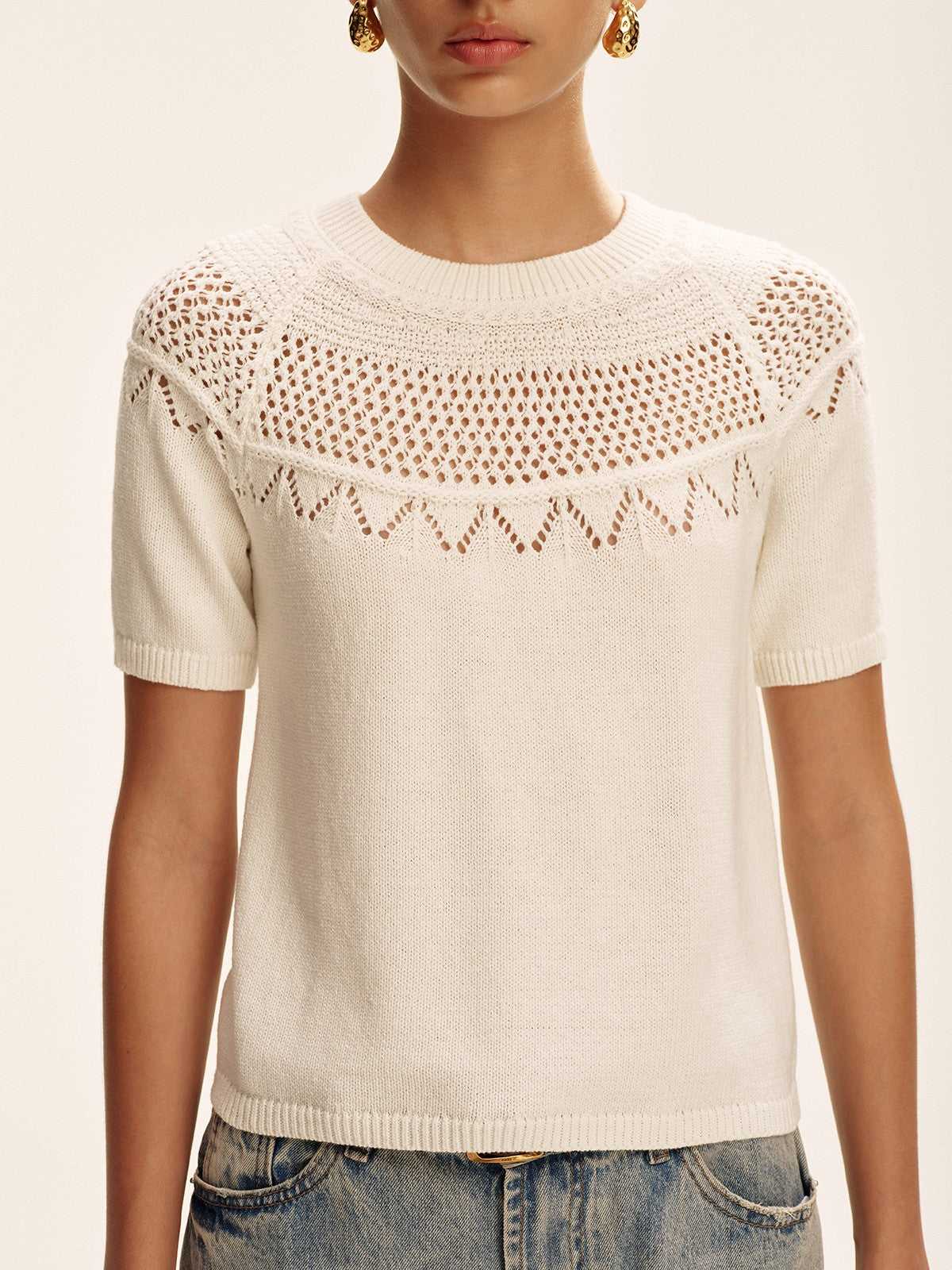 Short-Sleeve Eyelet Knit Sweater for Women Comfort Fit Pullover