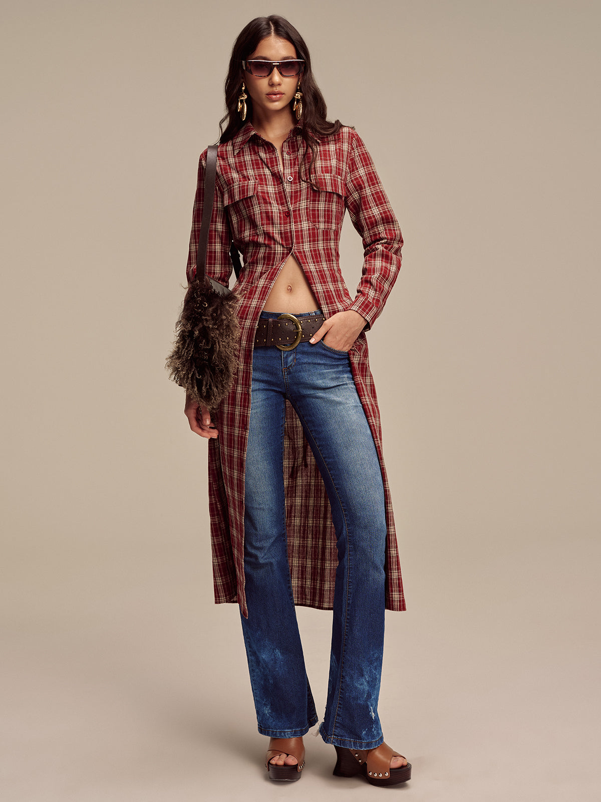 Plaid Button Front Shirt Dress with Waist Tie