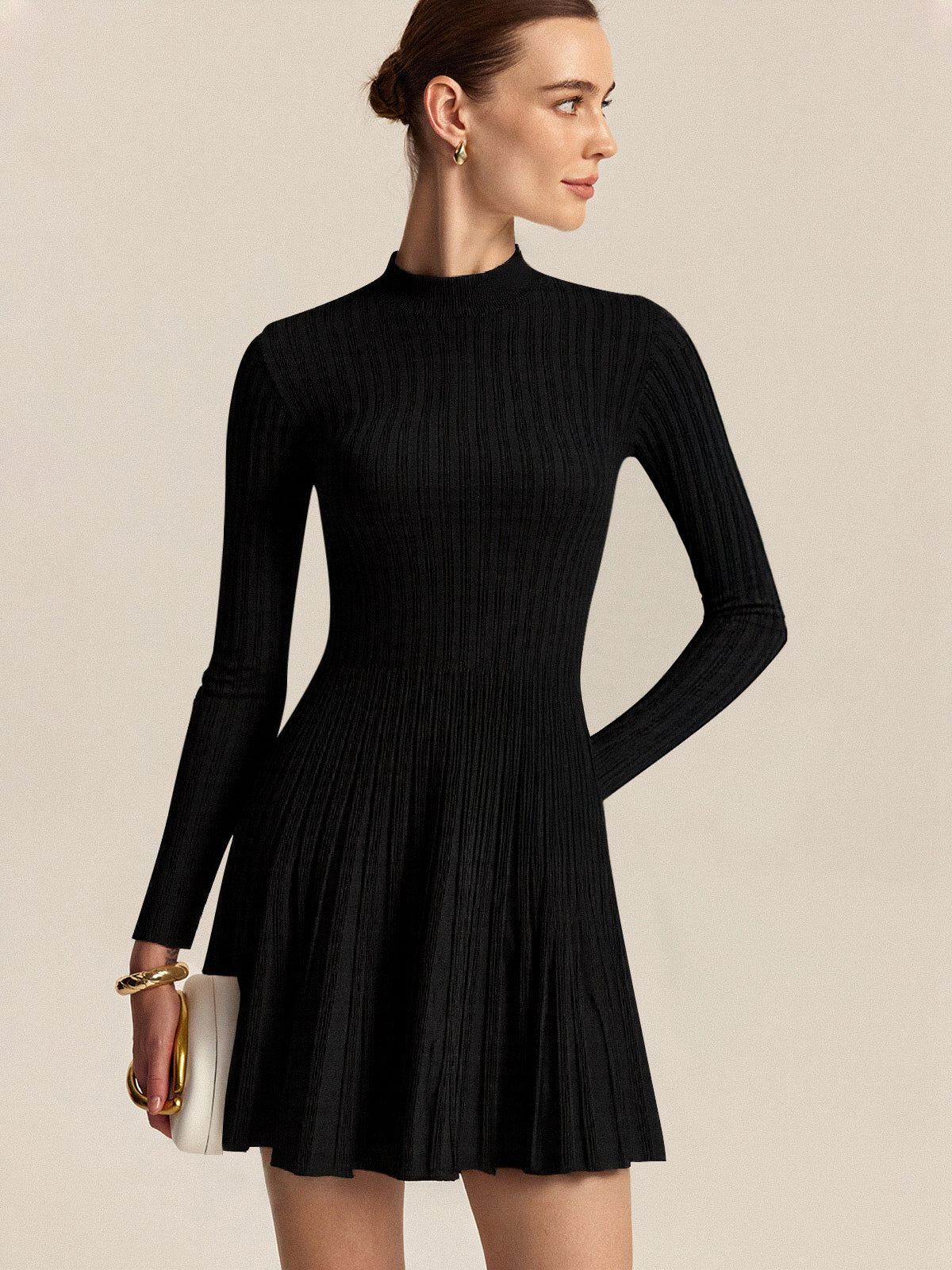 Mock Neck Flared Sweater Dress Casual Long Sleeve Winter