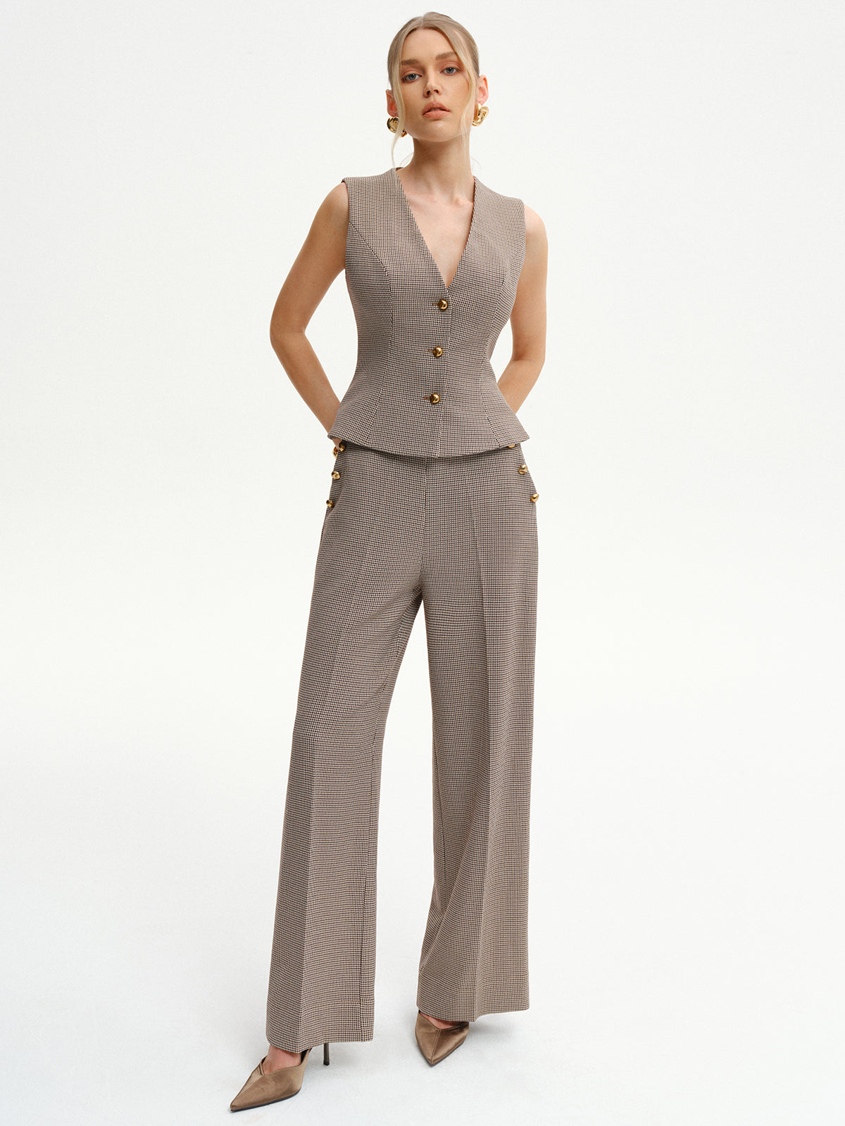 Houndstooth V-Neck Button Vest Casual Layering Piece