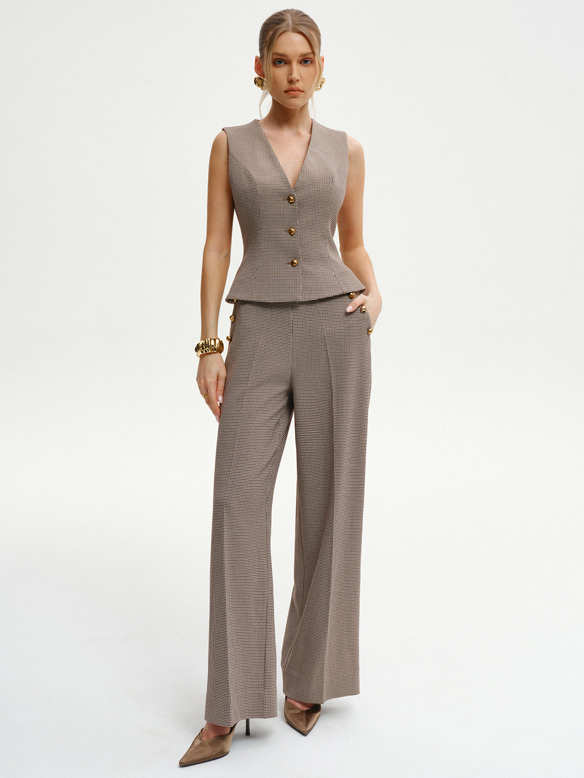 Houndstooth V-Neck Button Vest Casual Layering Piece