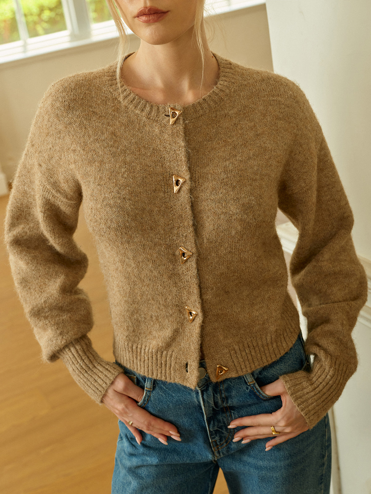 Triangle Button Wool Blend Cardigan with Pockets and Shawl Collar