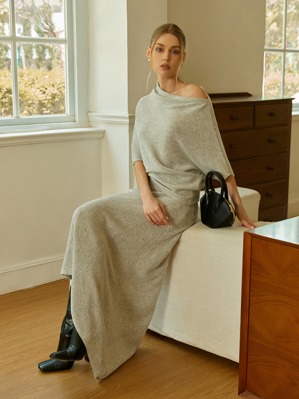 Asymmetric Wool-Blend Midi Skirt for Women in Office Wear