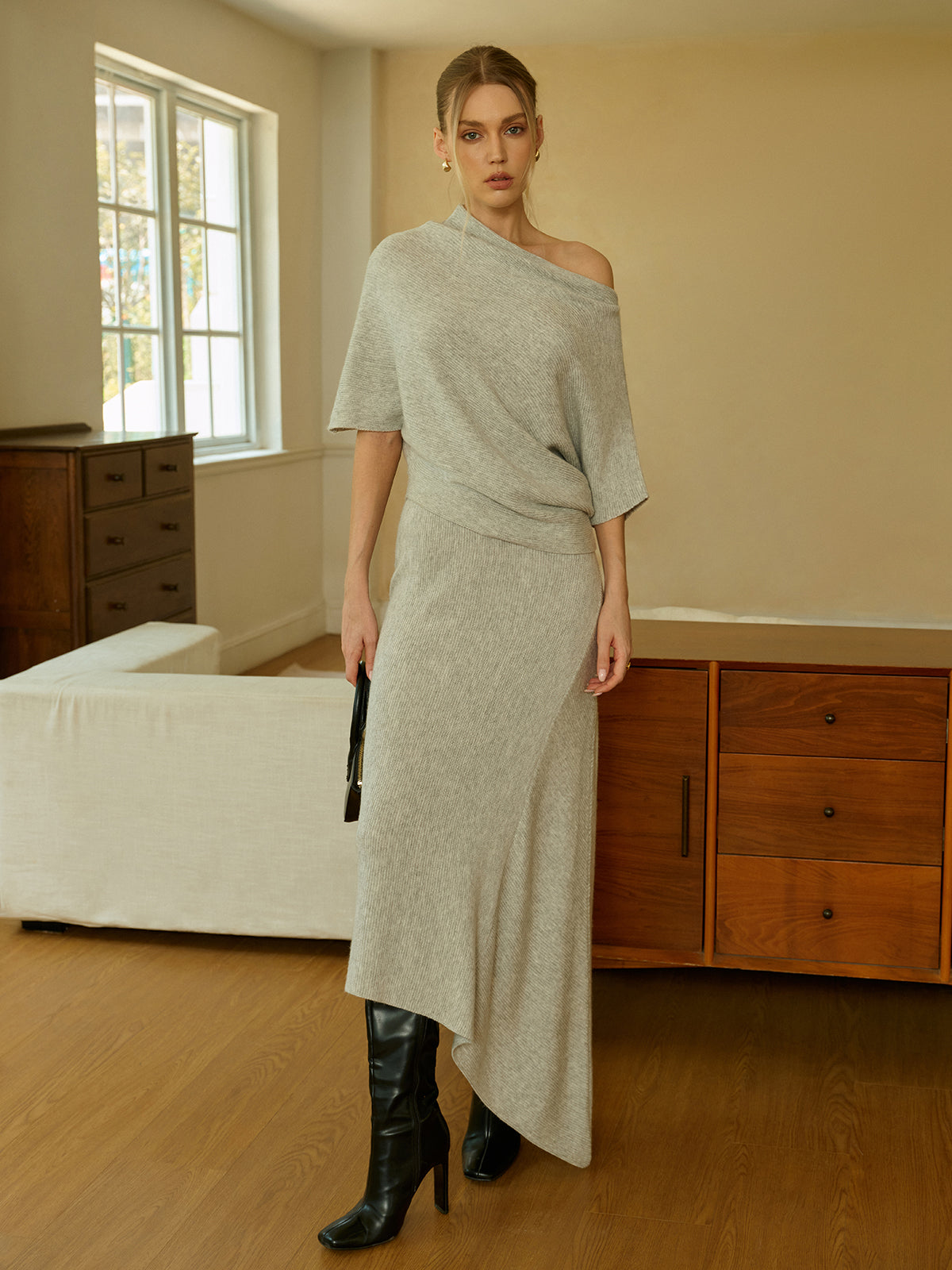 Asymmetric Wool-Blend Midi Skirt for Women in Office Wear