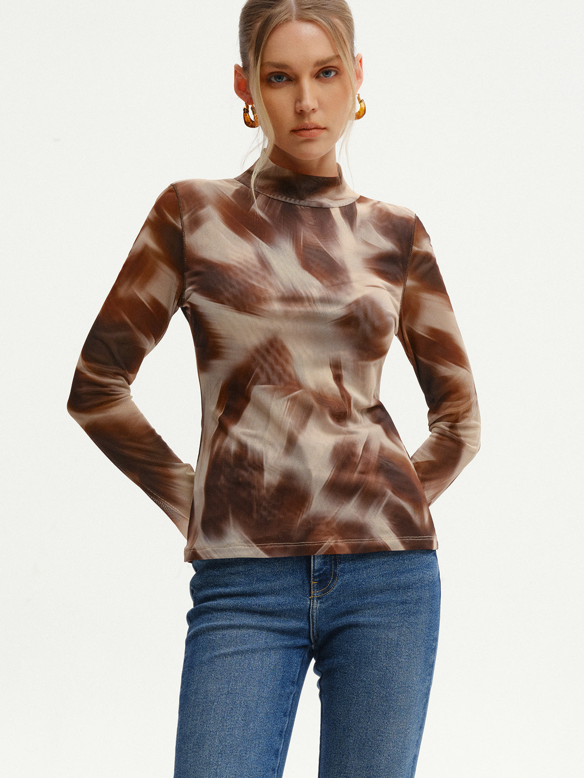 Abstract Print Mesh Long Sleeve T-Shirt for Casual Wear