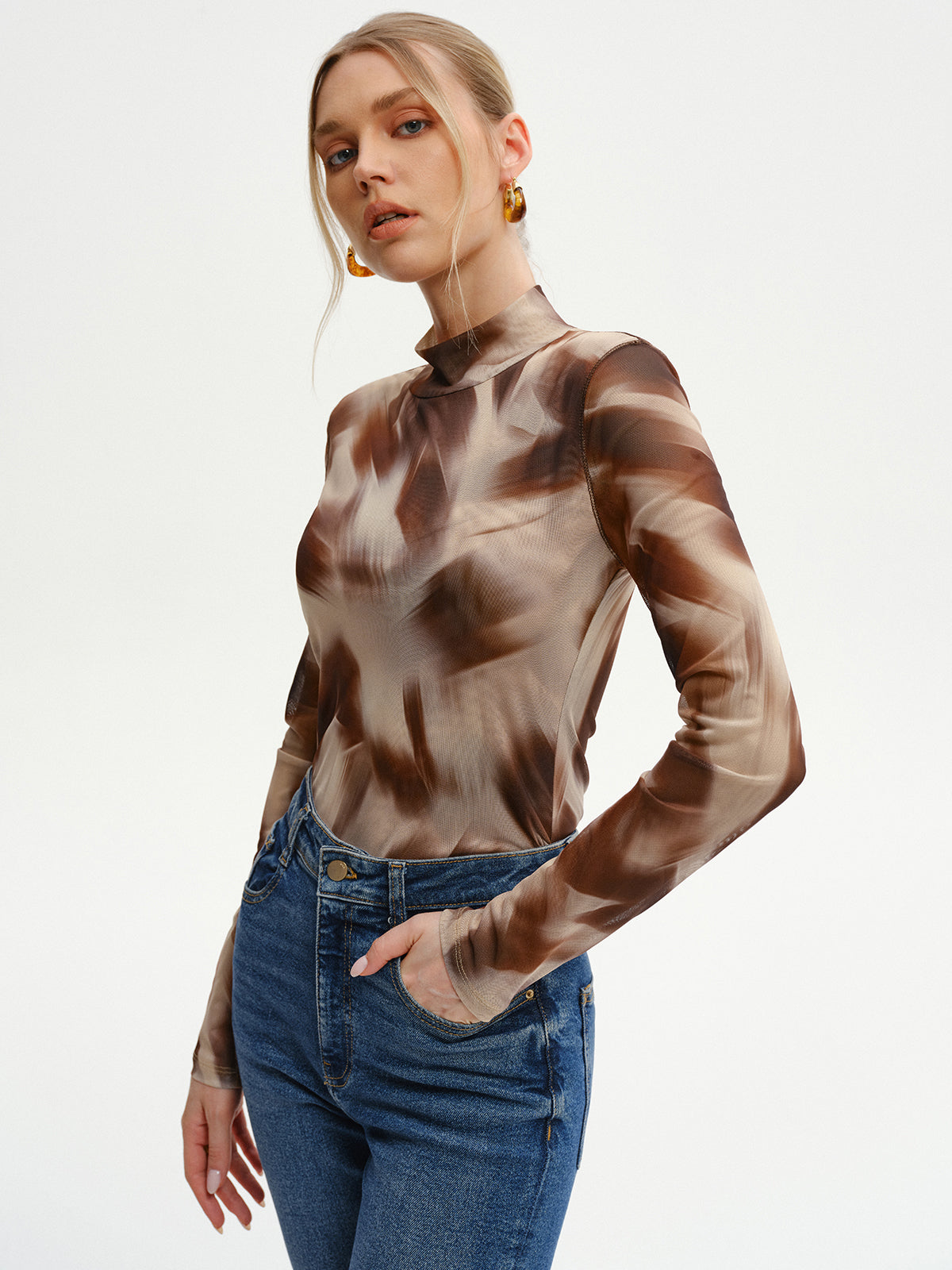Abstract Print Mesh Long Sleeve T-Shirt for Casual Wear