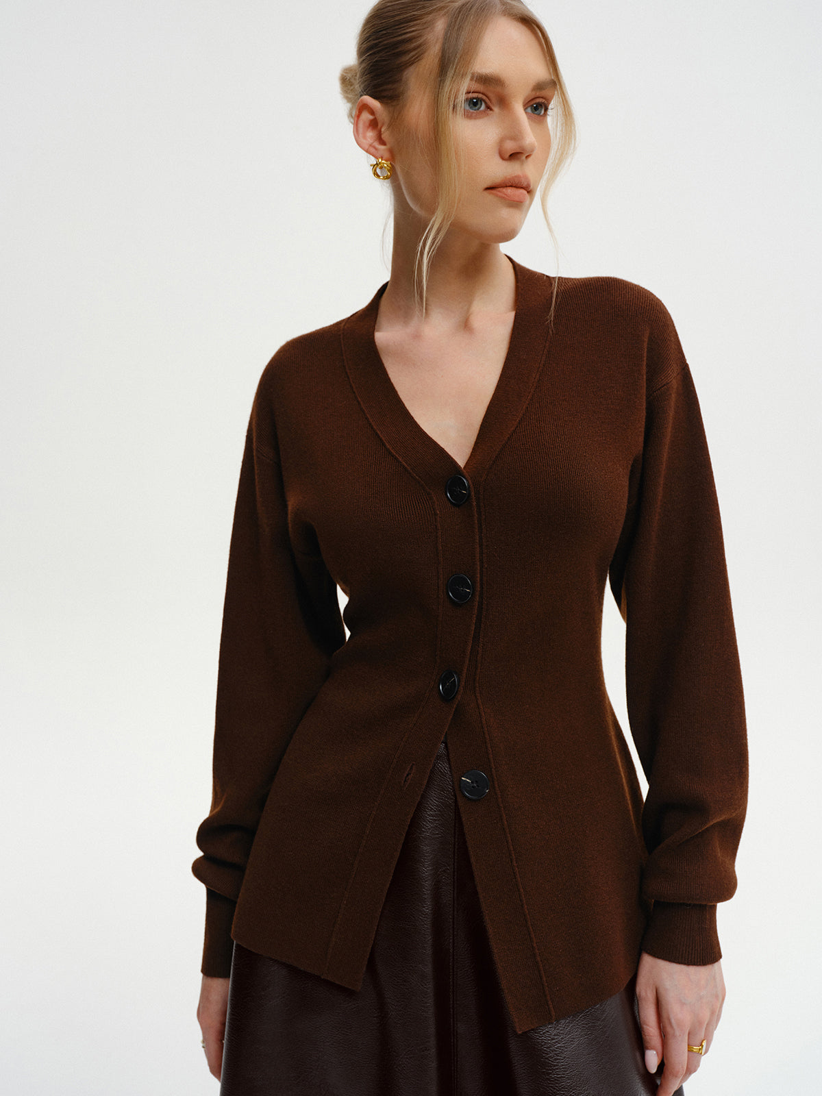 Wool-Blend V-Neck Button-Down Cardigan Cozy Lightweight Sweater