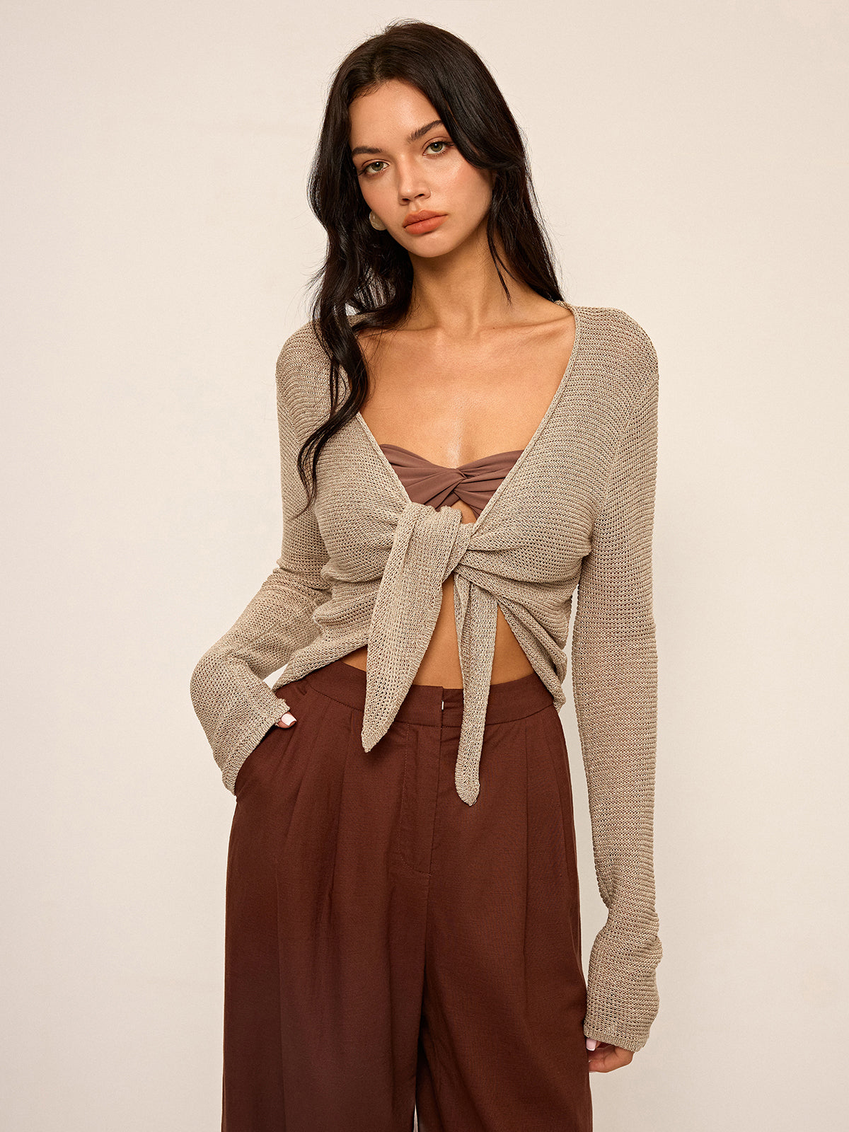 Knotted Front Long Sleeve Knit Top - Trendy Casual Fall Apparel