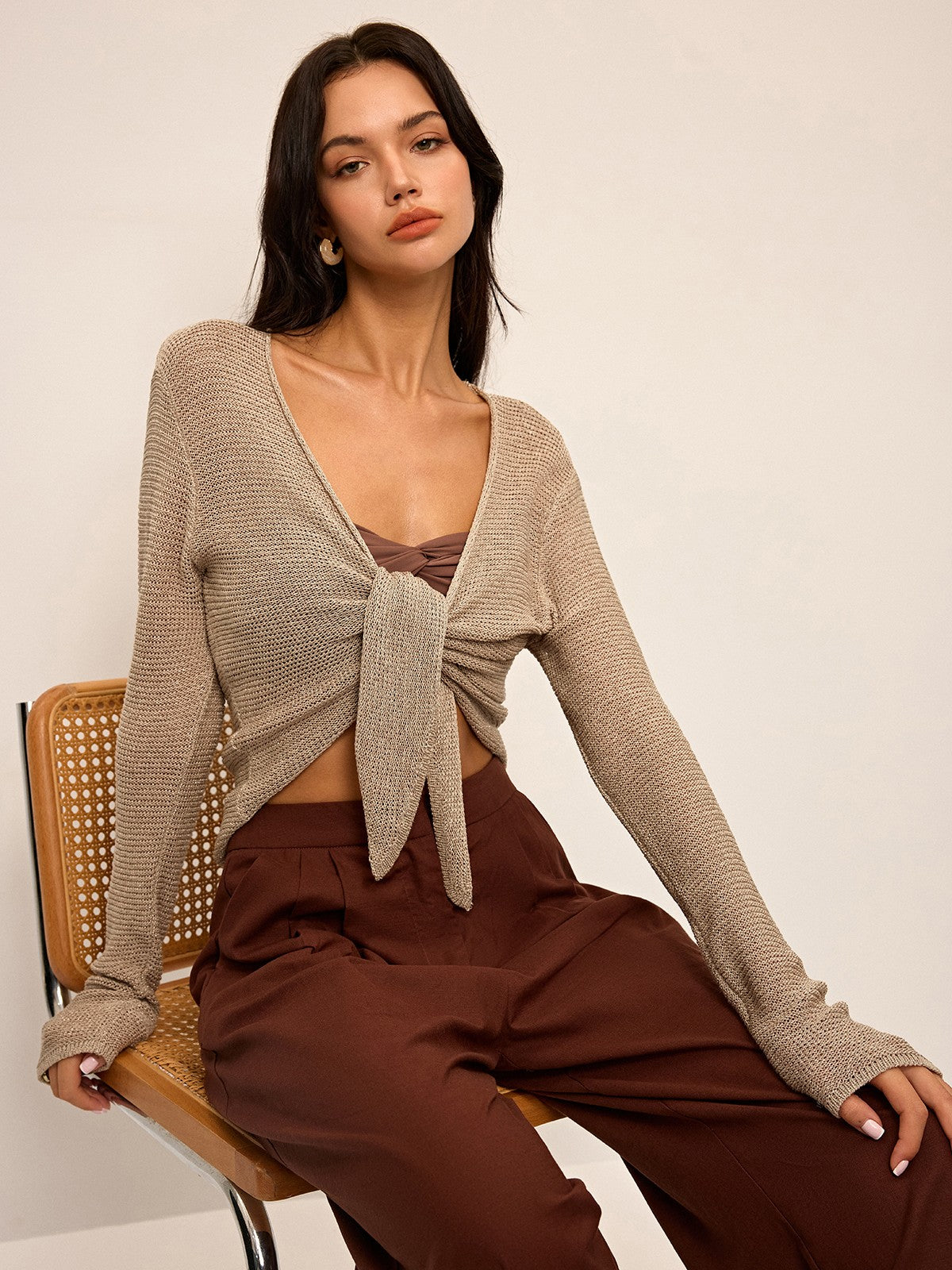 Knotted Front Long Sleeve Knit Top - Trendy Casual Fall Apparel