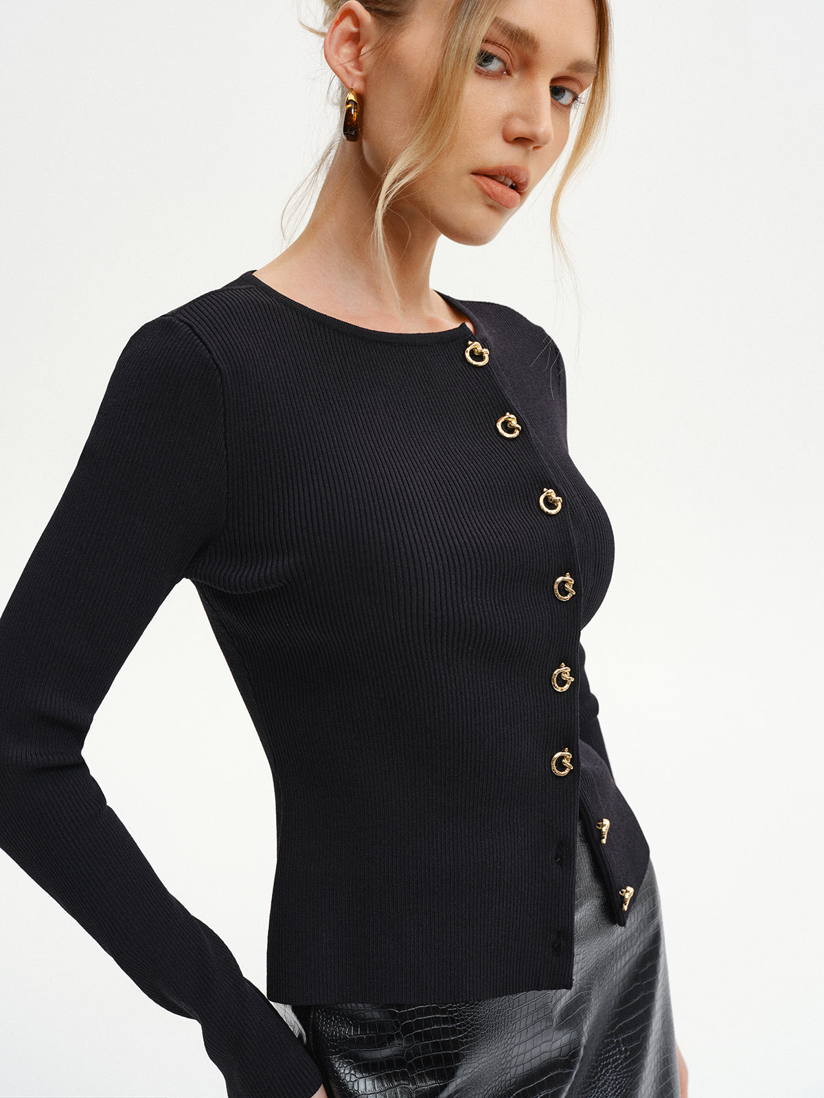 Metal Button Ribbed Knit Cardigan Long Sleeve Cozy Sweater