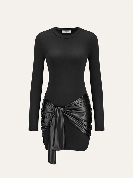 "Faux Leather Paneled Knit Long Sleeve Mini Dress with Belt Detail"