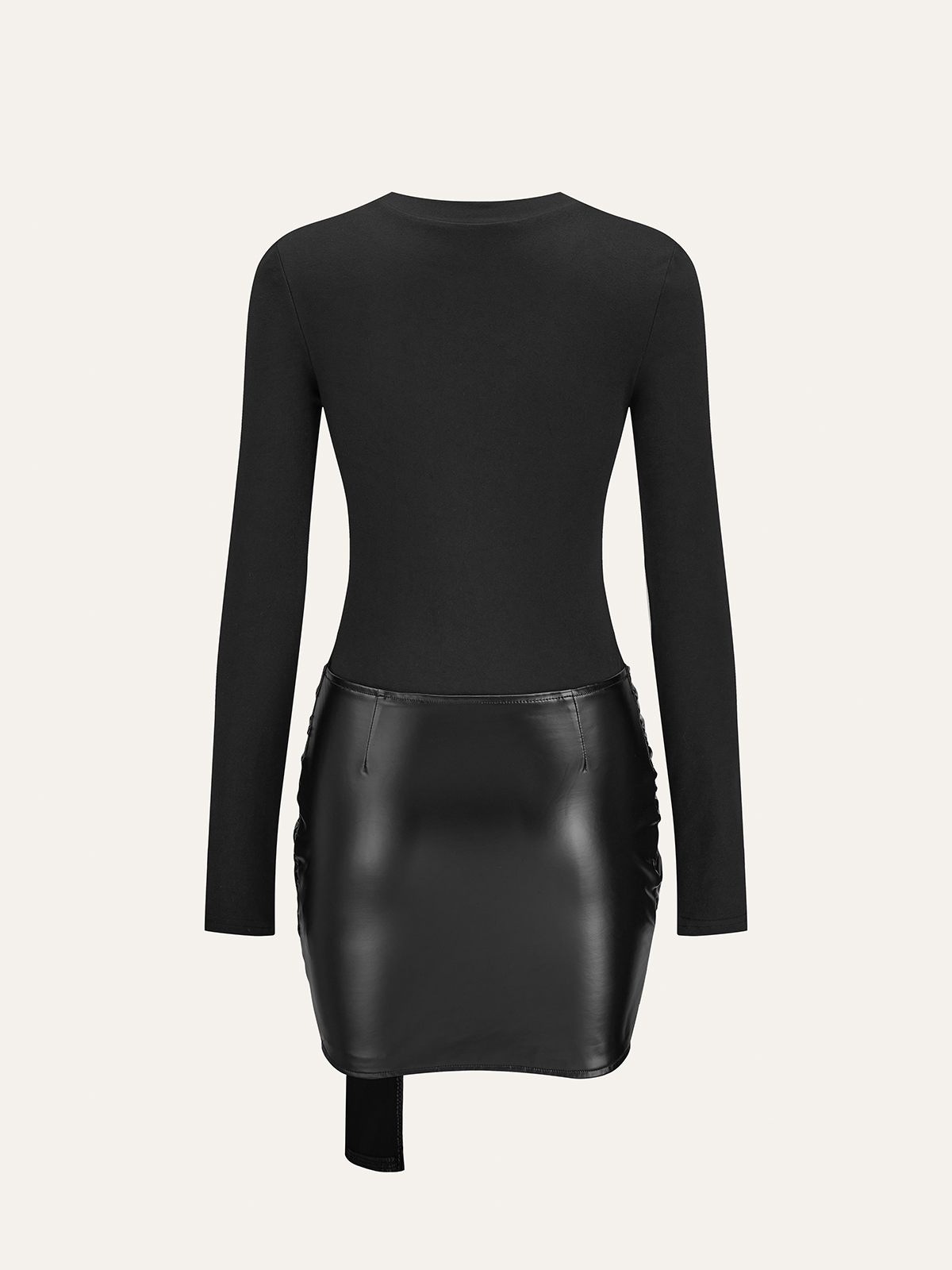 "Faux Leather Paneled Knit Long Sleeve Mini Dress with Belt Detail"