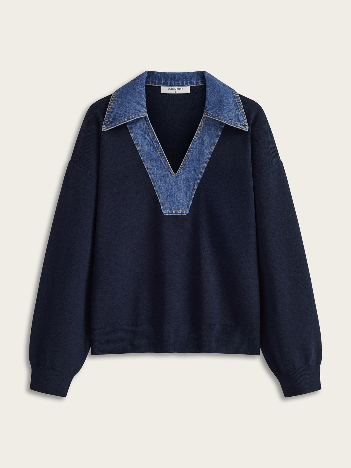 Denim Collar V-Neck Sweater for Casual Layering Comfort