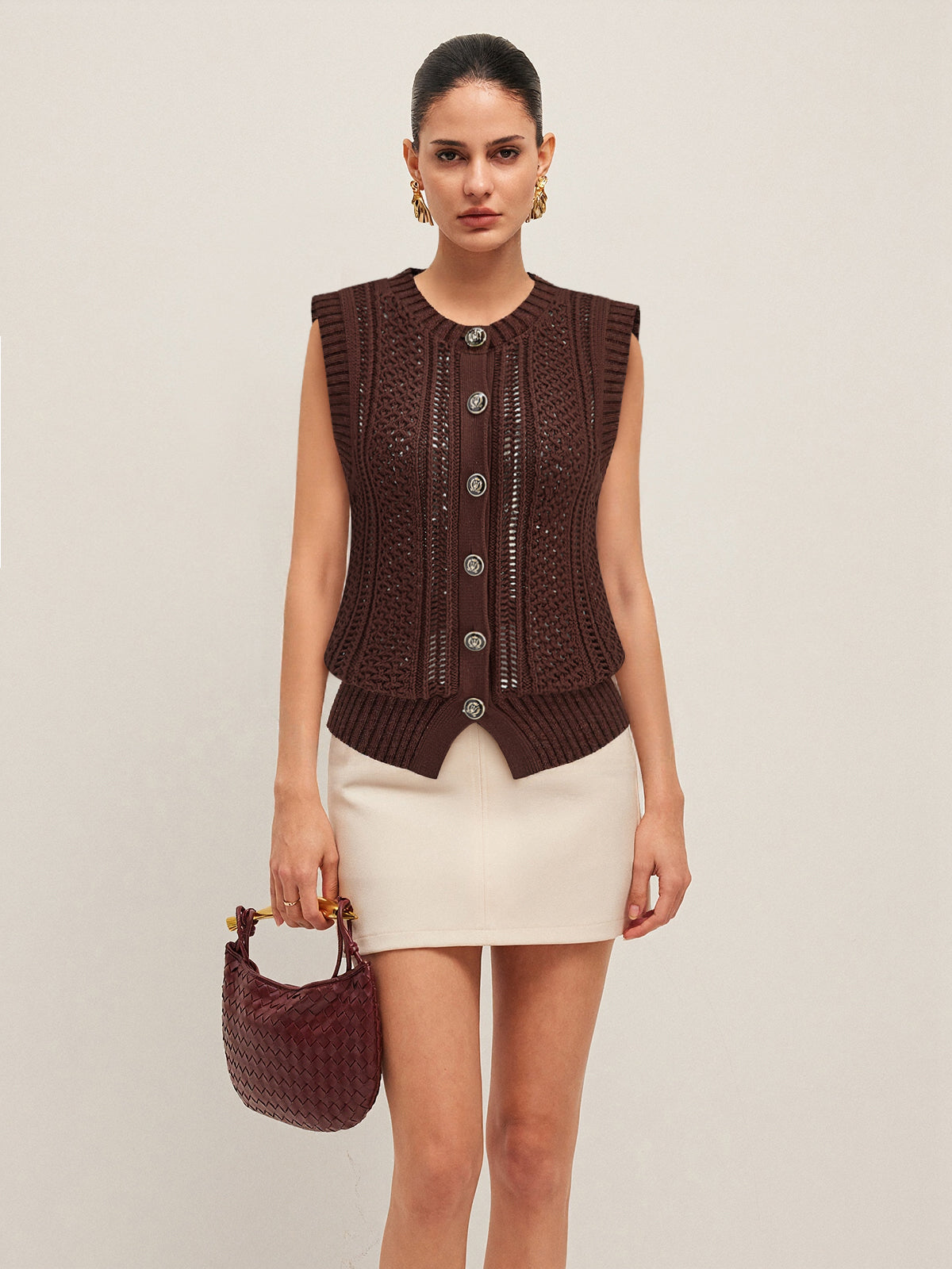 Button Front Sweater Vest with Cable Knit Detail