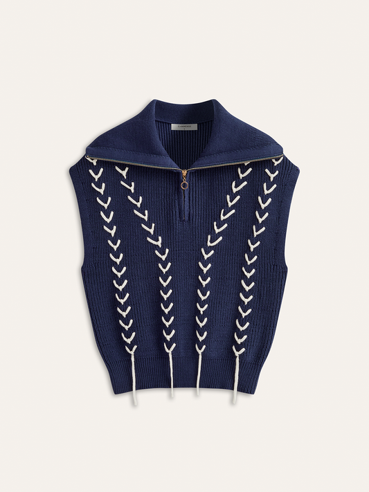 Zip Collared Knit Vest with Stitch Detailing, Perfect for Layering, Unisex Styling